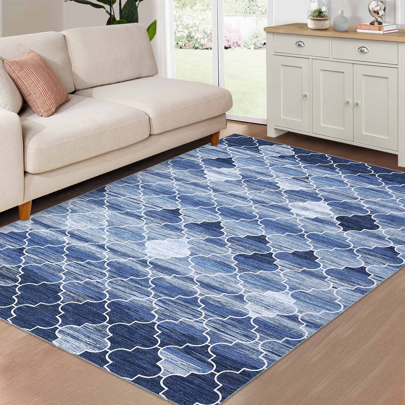 Garvee YXY-LO-PHO-1059TGDB 9 x 12 (ft) Loomed Polyester Blue Rectangular Indoor Geometric Moroccan Machine washable Area rug