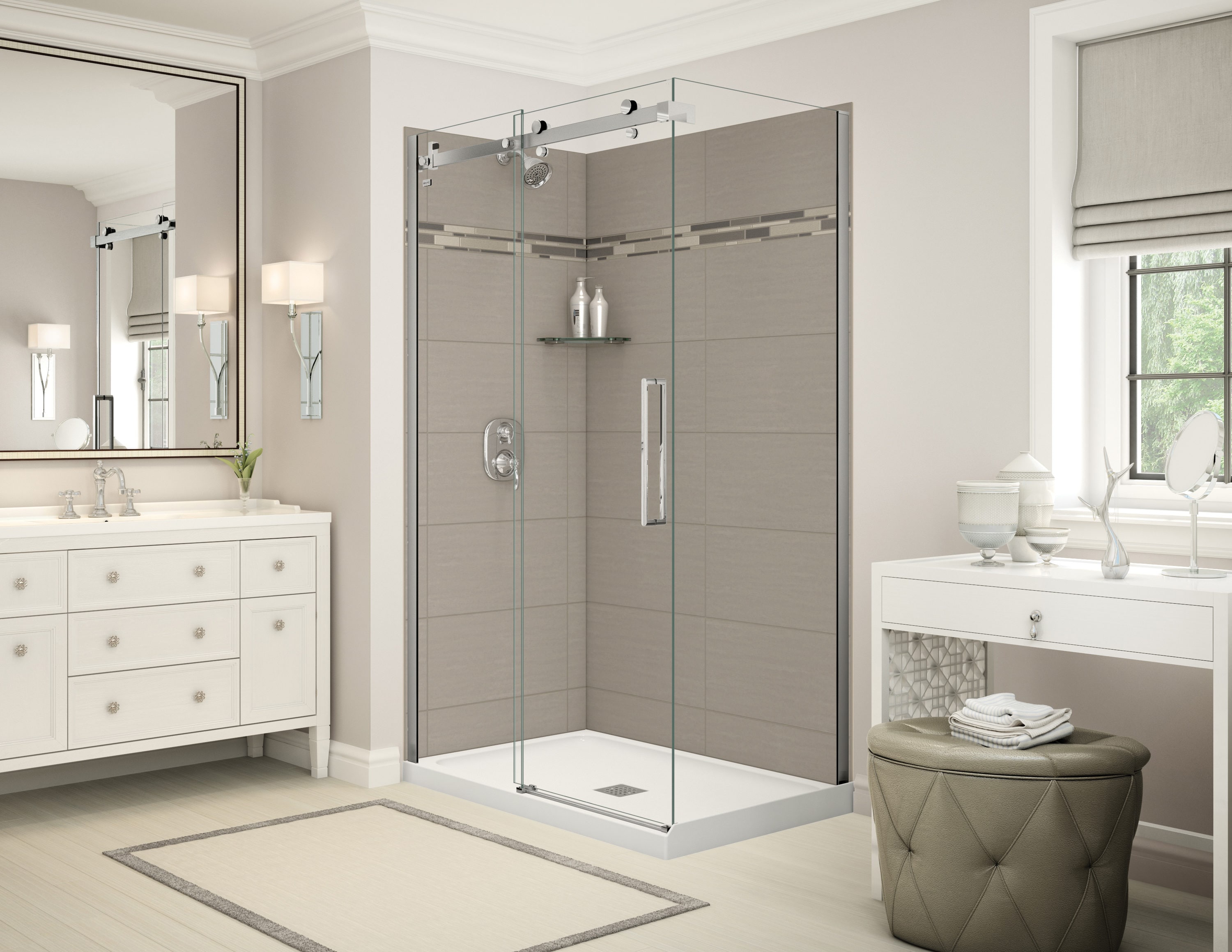 MAAX 106362-300-502-100 Utile 5 -Piece 32-in W x 48-in L x 83-in H Rectangular Corner shower kit ( Center Drain) Base, Wall, Door and Drain Included Chrome Hardware Included