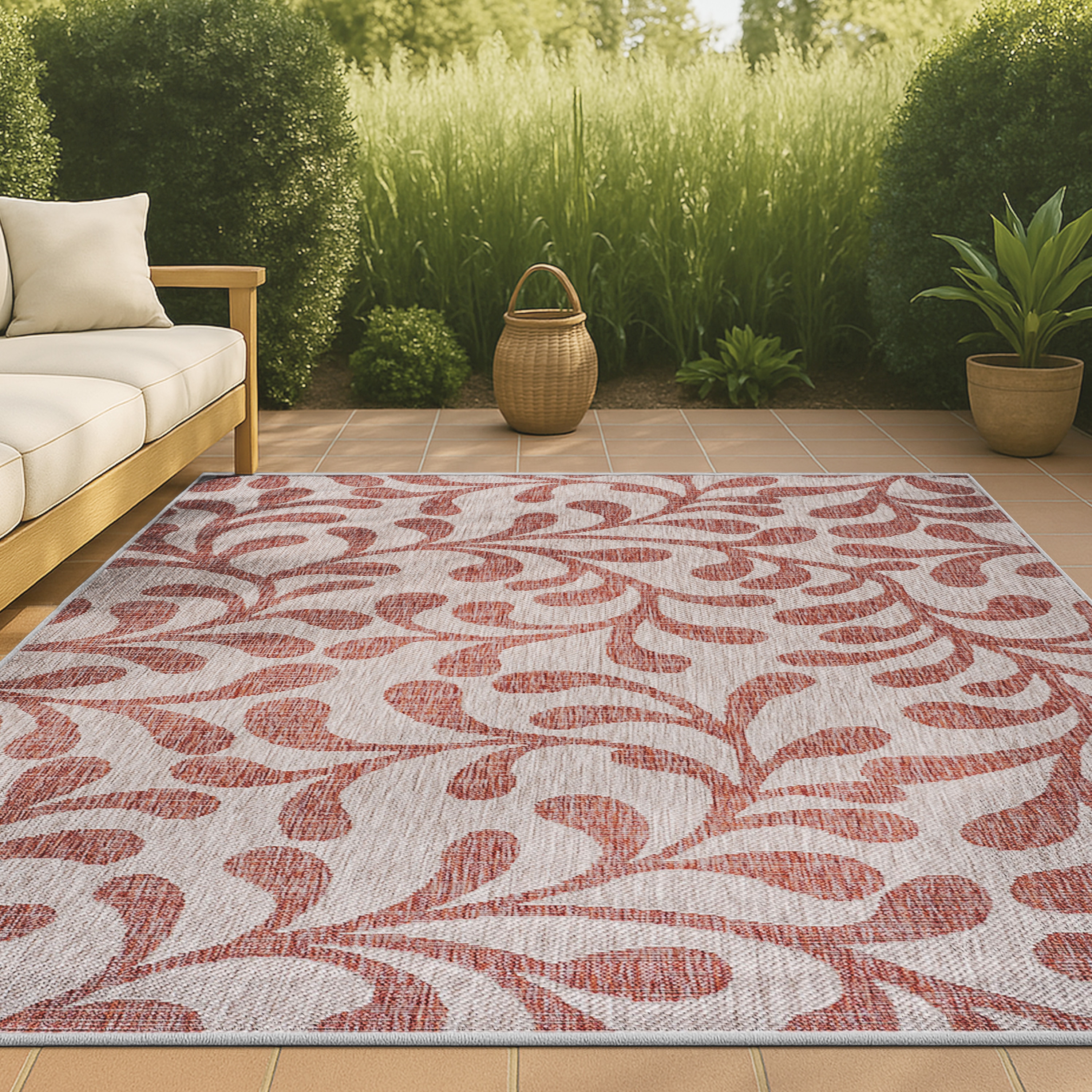 JONATHAN  Y SMB117B-8 Santa Monica Vine All Over 8 x 10 (ft) Loomed Polypropylene Red/Beige Rectangular Indoor/Outdoor Floral/Botanical Coastal Area rug