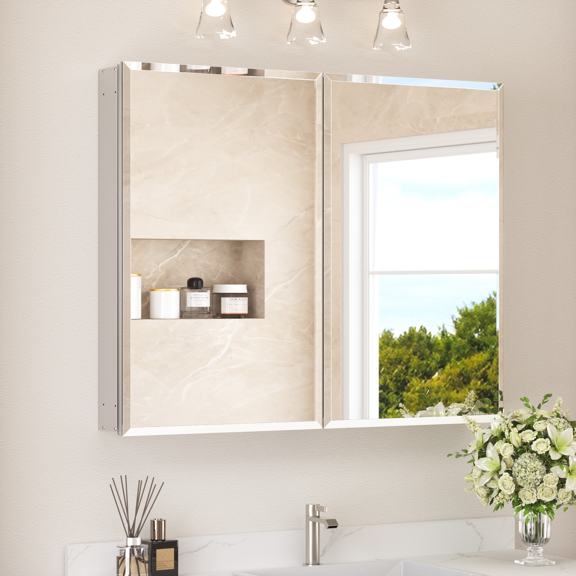 TETOTE - 40 x 32 in Silver Frameless Surface/Recessed Aluminum Beveled Mirrored Rectangle Medicin...