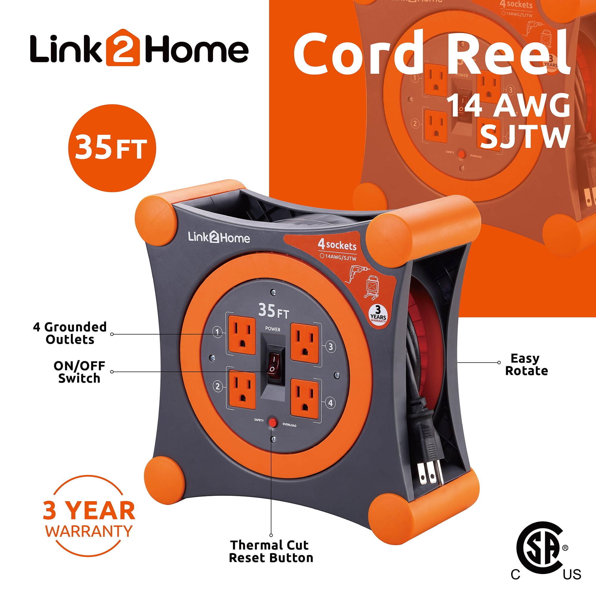Link2Home Cord Reel Extension Cord 4 Power Outlets (35 Feet, Orange)