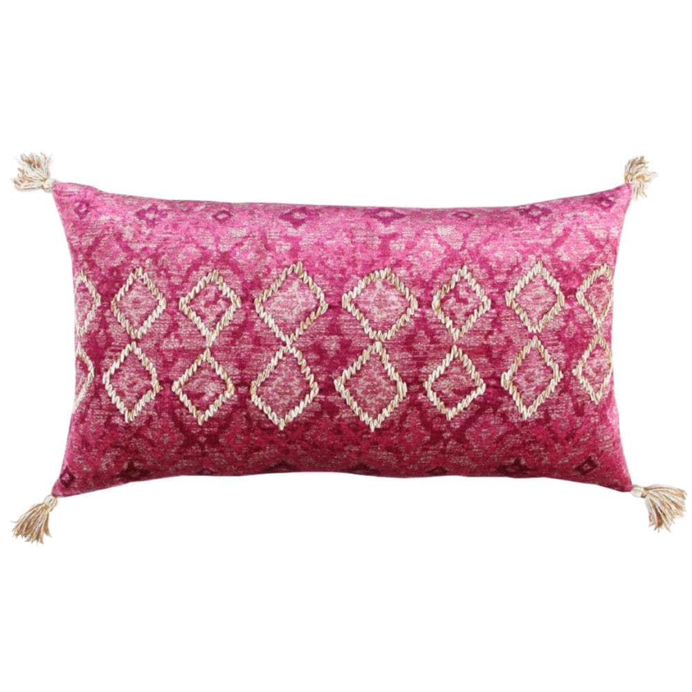 Pink and Ivory Embroidered Cotton Velvet Lumbar Pillow