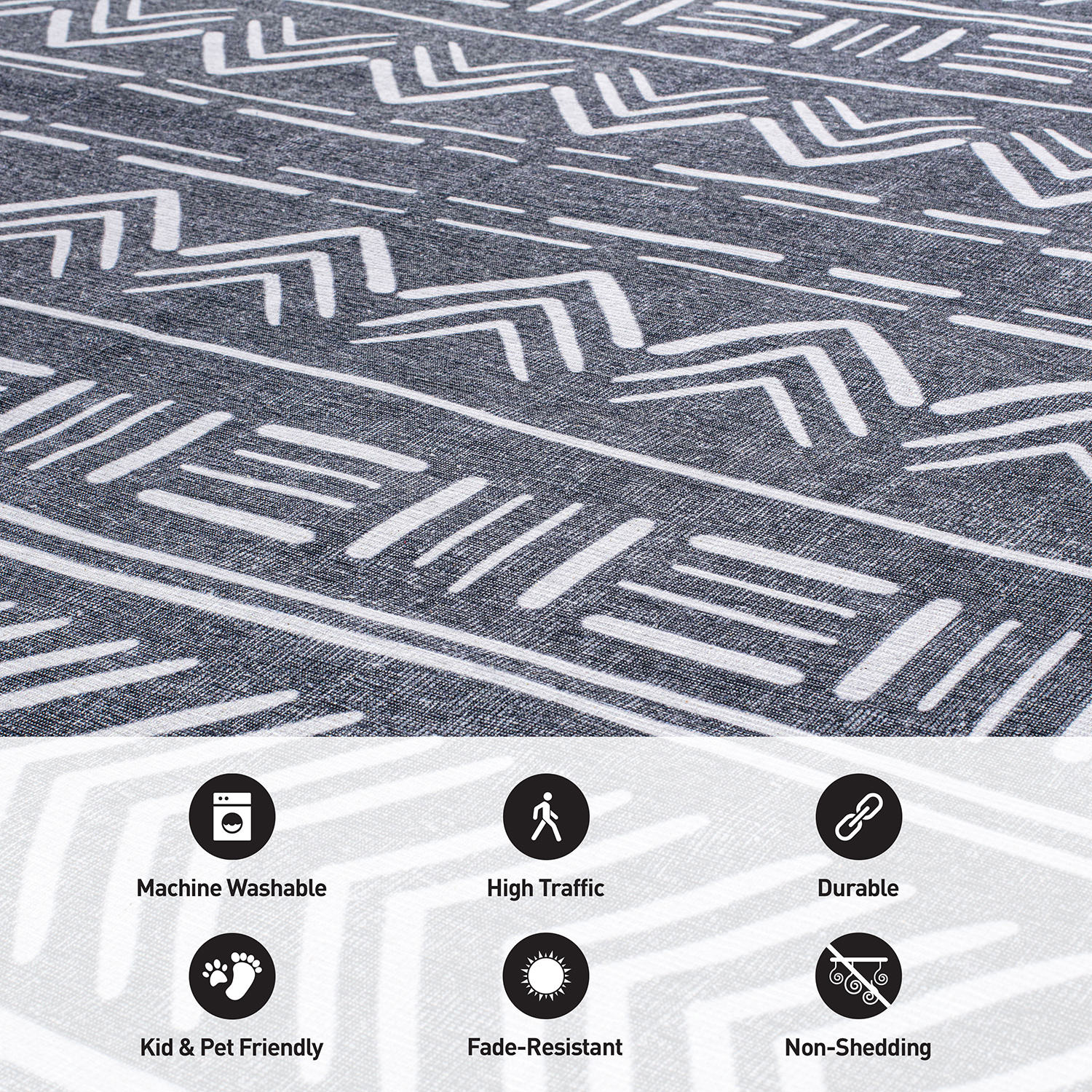 Dark Gray Geometric Flat Woven Machine Washable Area Rug