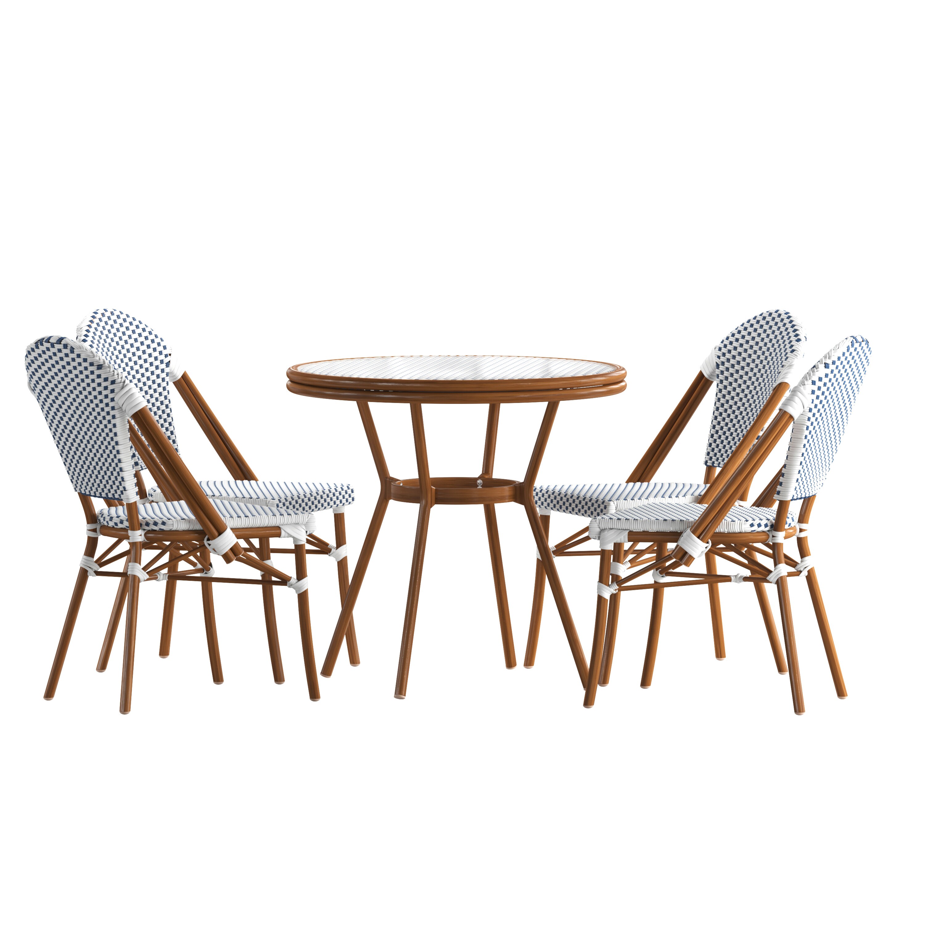 Flash Furniture 196861149863 Lourdes Indoor/Outdoor Commercial Bistro 31.5-in Table; White and Navy PE Rattan; Glass Top with 4 Stack Chairs - Natural Frame