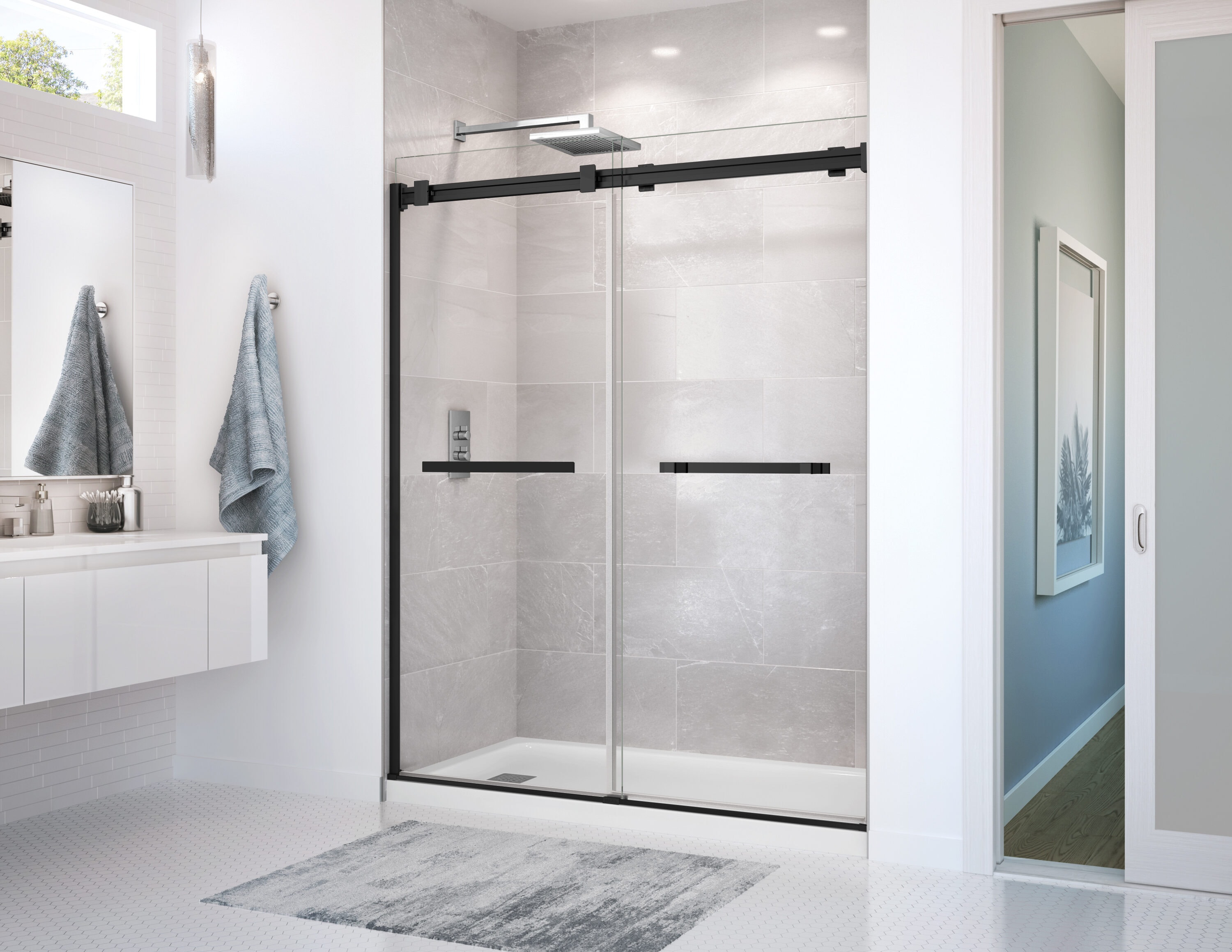 MAAX 136272-900-340-000 Duel Matte Black 56-in to 58-1/2-in W x 74-in H Frameless Bypass Sliding Shower door 5/16-in Thick Clear Glass