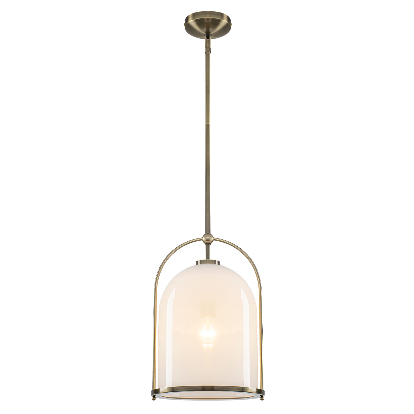 MENCOLULU White Painted Glass Dome Bucket Shade Pendant Lighting 1 -Light Antique Bronze Transitional White glass Bell Medium Hanging Convertible pendant/Semi-flush Light