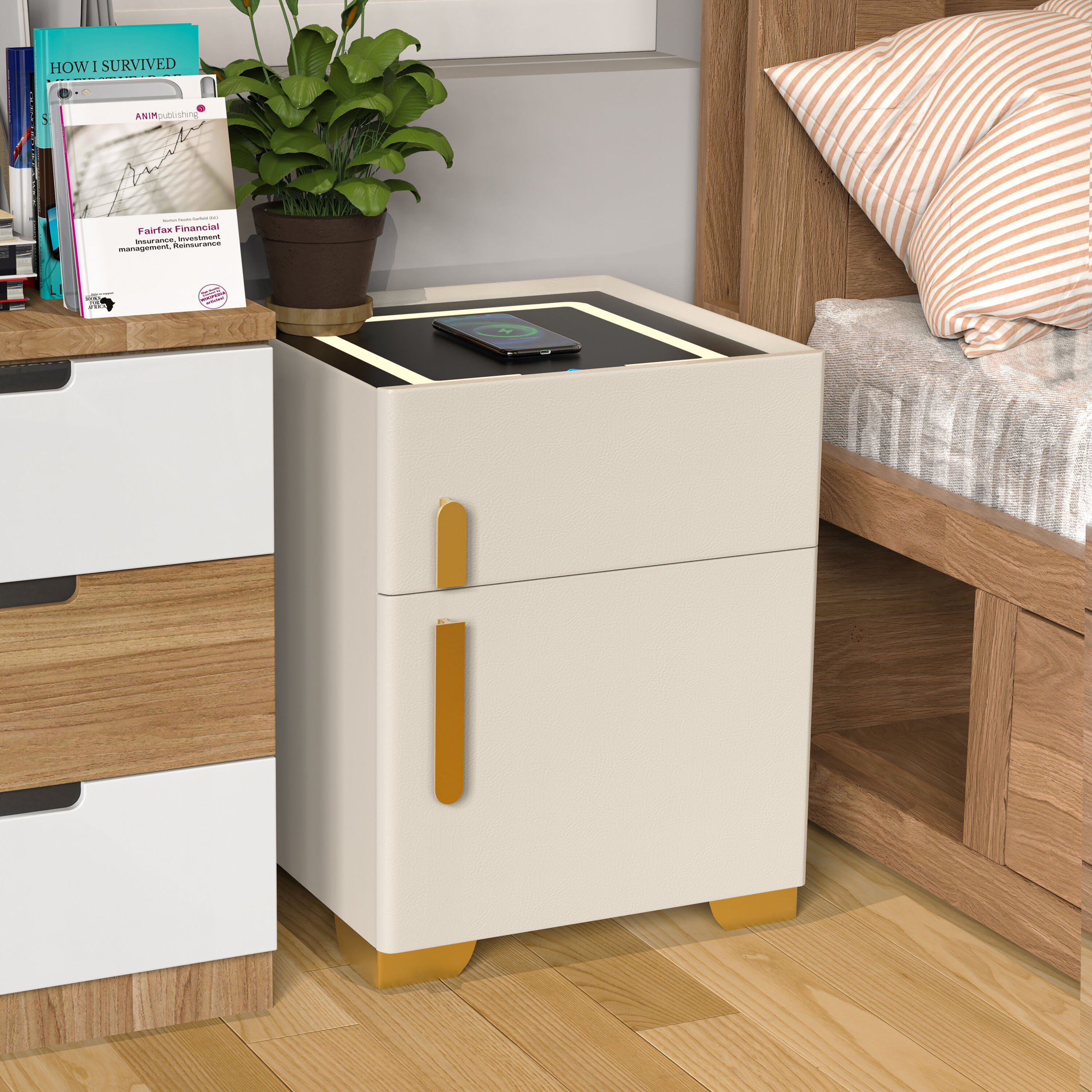 EFPERFECT ELQ504 Smart LED Nightstand with Safe Wireless Charging 3 Color Dimmable Lights White Finish