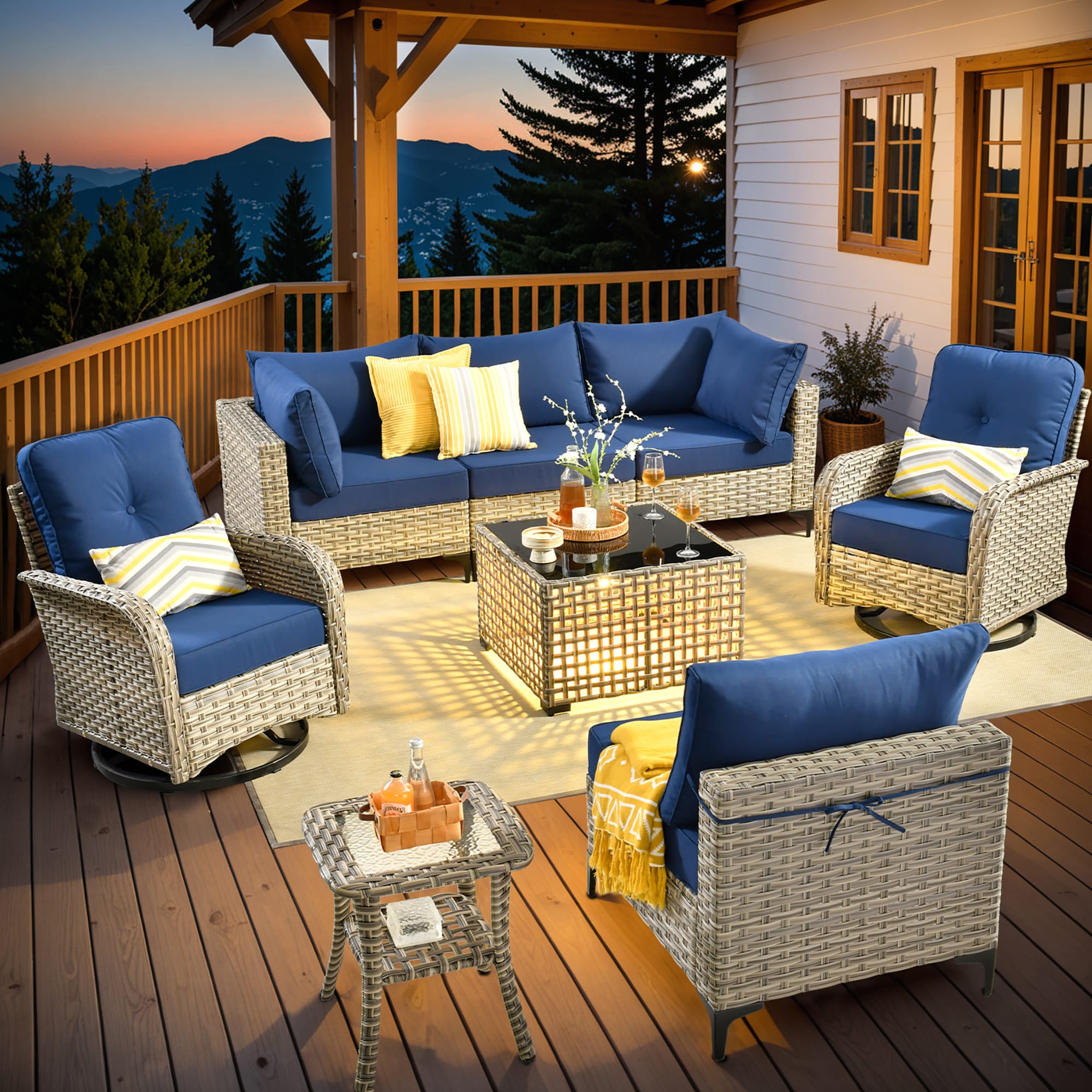 Caodoc L5-VYZSKT708-1 VYZSKT Wicker Outdoor Sofa with Blue Cushions and Wicker Frame