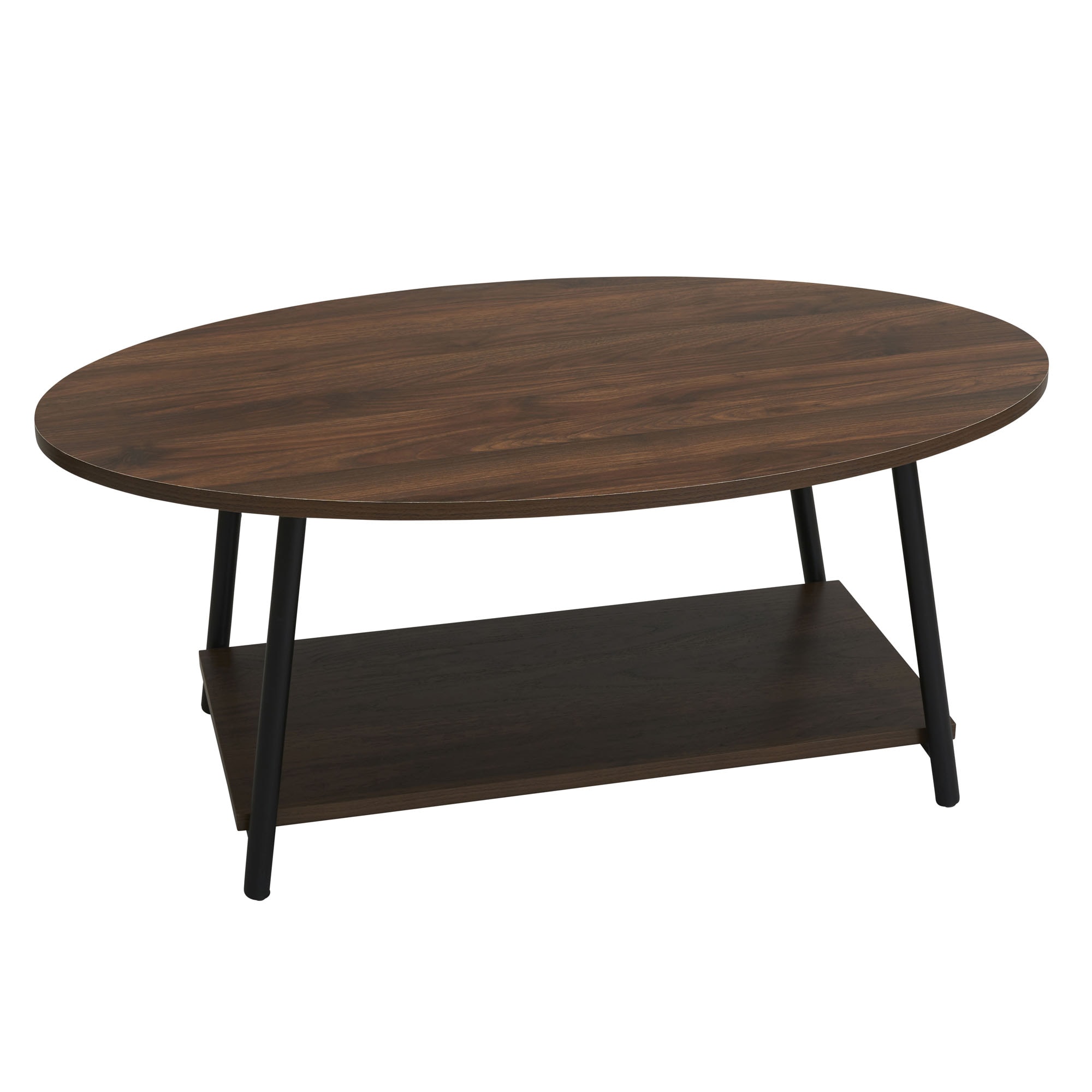 Household Essentials - Jamestown Oval Coffee Table with Storage Shelf Mid Century Walnut Wood Gra...