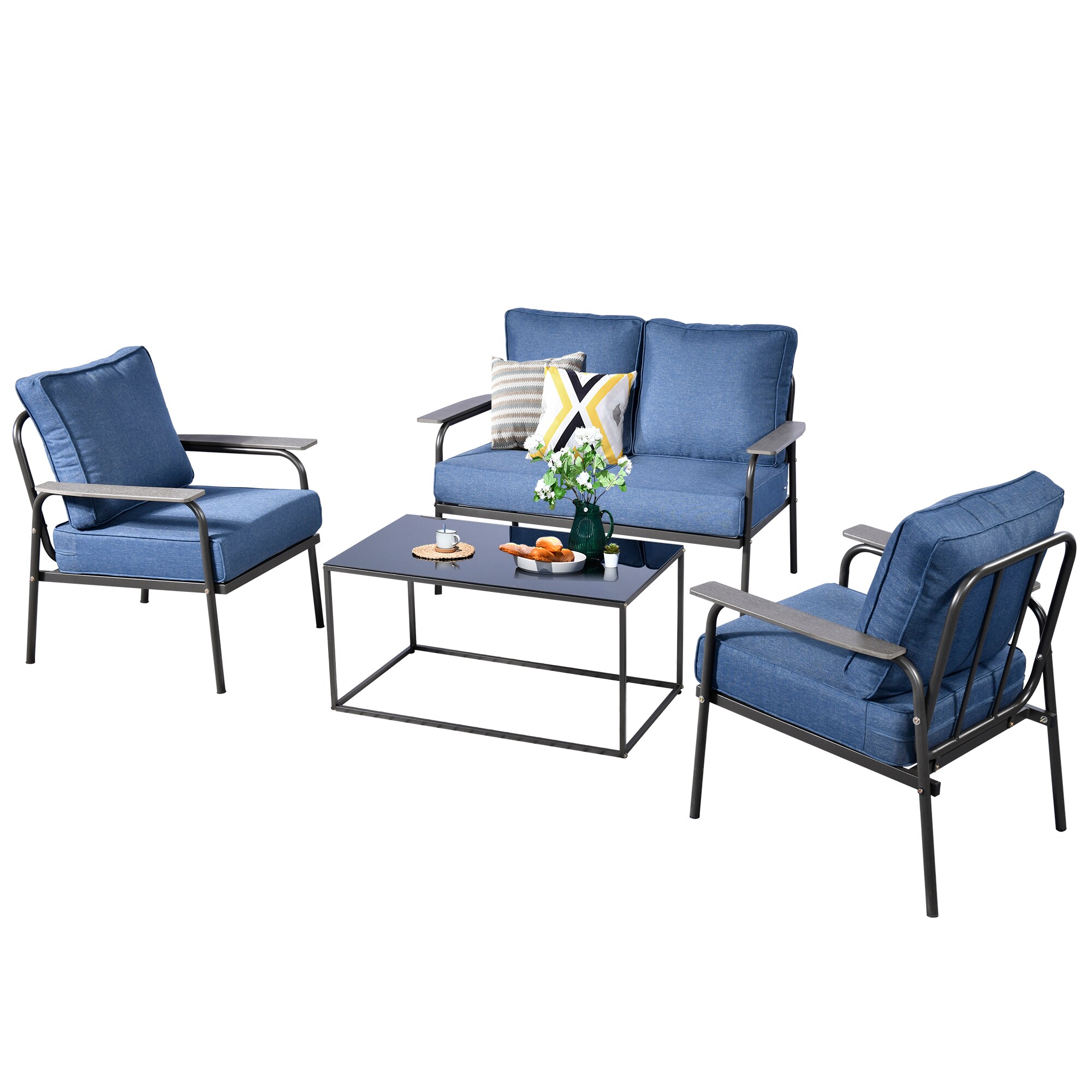 XIZZI XIBK300B1 Pervinca Outdoor Sectional with Blue Cushions and Iron Frame
