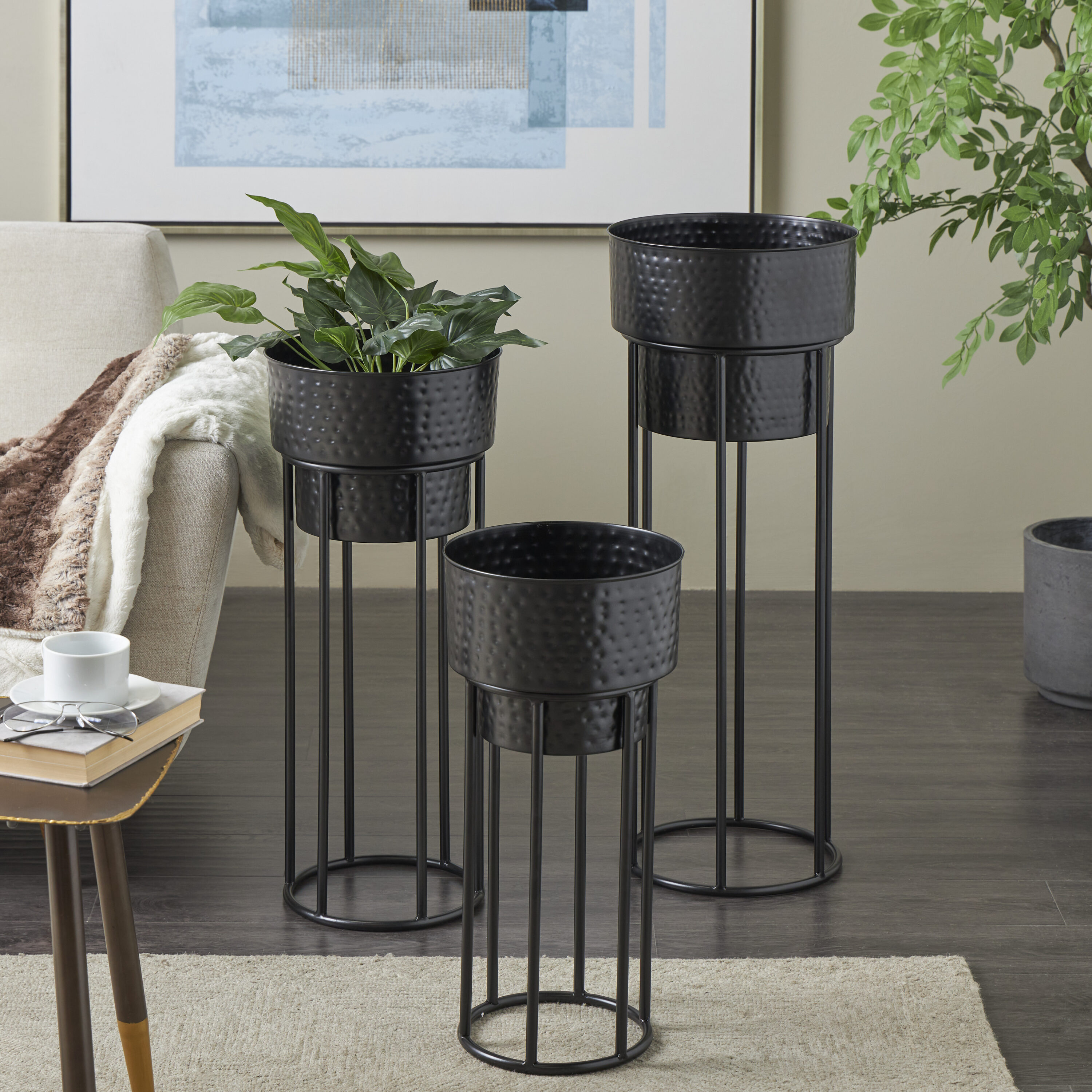 Grayson Lane 3-Pack Round 13-in W Large Black Metal Outdoor Planter ...