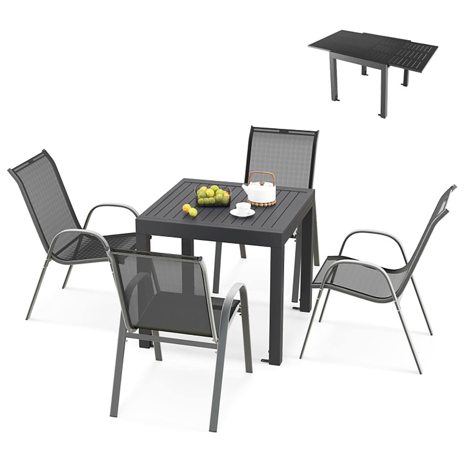 GZMR GM-DH-00043 Outdoor Dining Table Set 5 -Piece Black Patio Dining Set Extendable Table Aluminum Square Table with 4 Stackable Stationary Chairs