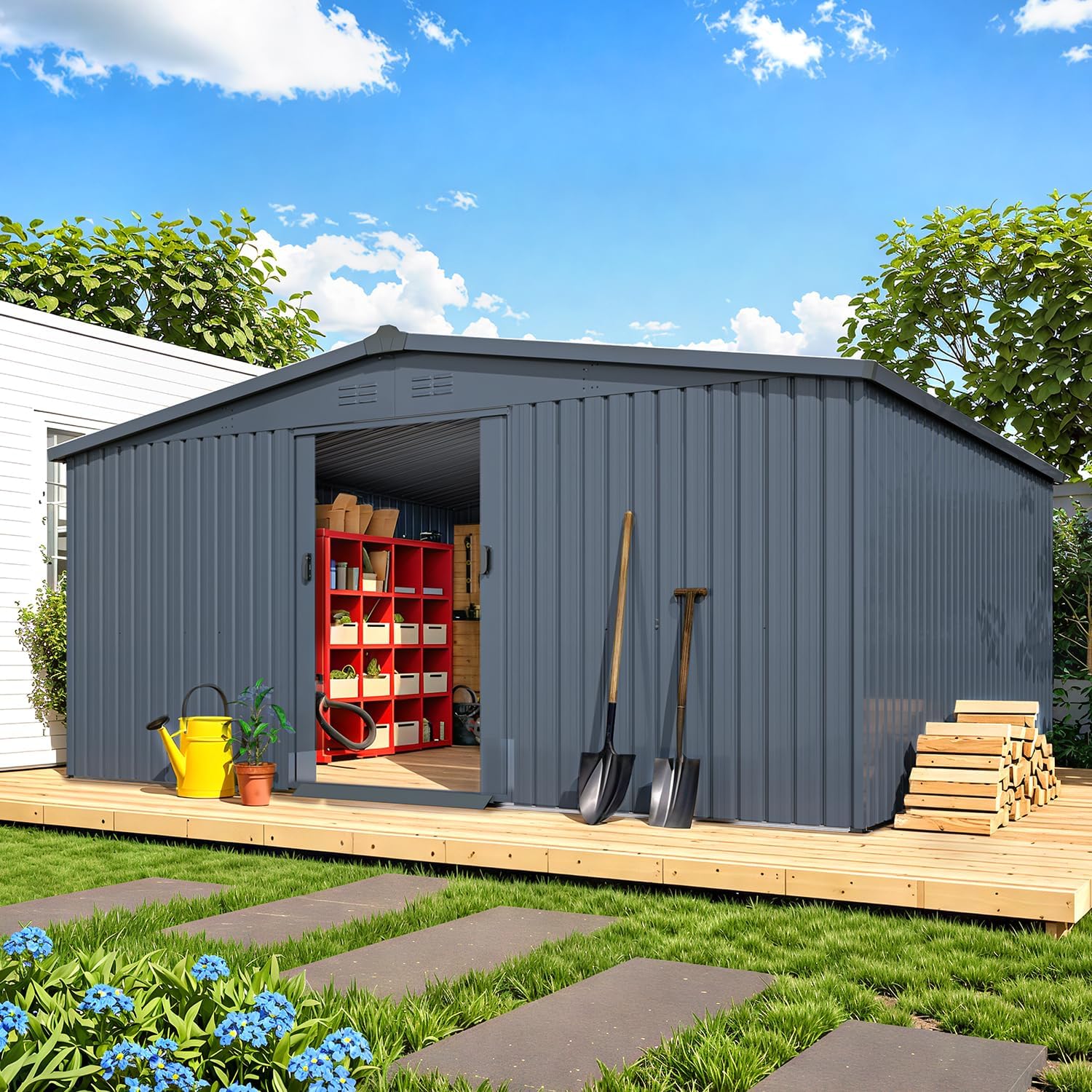 AECOJOY 16342DG-LS02  12 x 14 Outdoor Storage Shed with Sliding Door