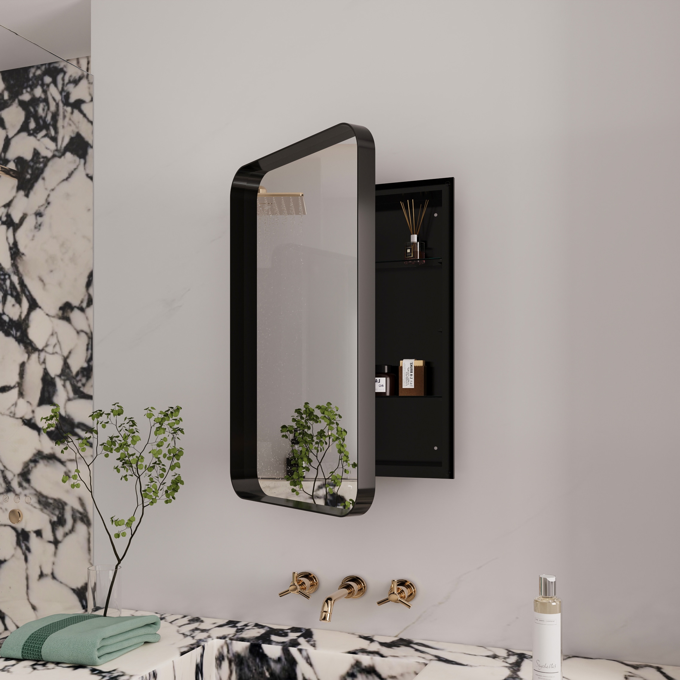LOVMOR  15.74-in x 4.72-in x 23.6-in Matte Black Bathroom Wall Cabinet with Mirror and Adjustable Shelves