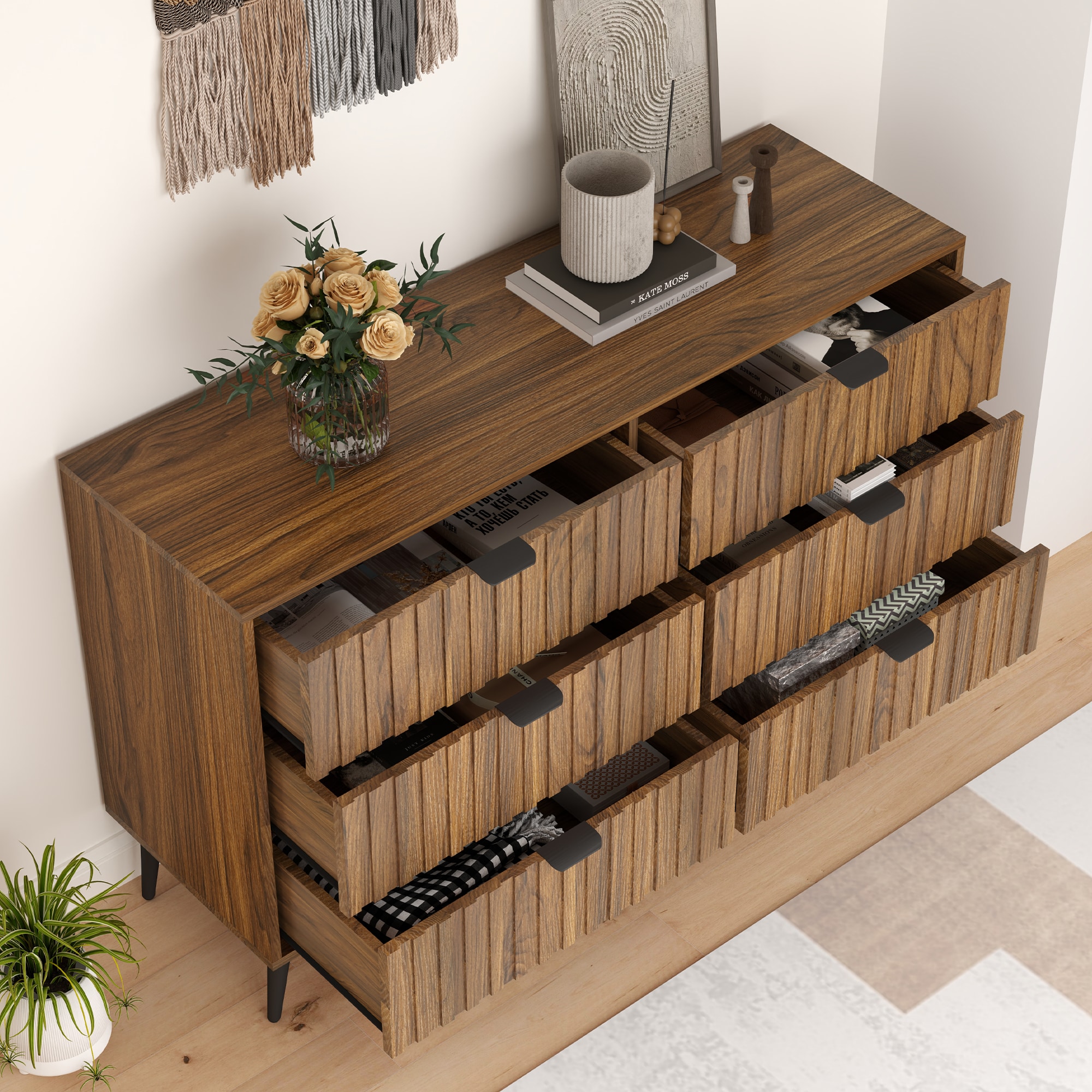 Dark Brown Finished Wood 6-Drawer Rectangular Dresser