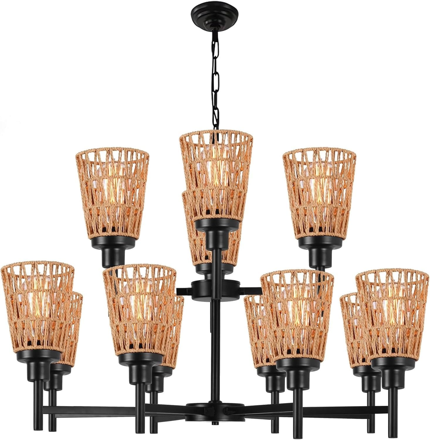 Oyezvary  12 Light 2 Tier Rattan Chandelier Handwoven Black Wicker Pendant Adjustable Height 19.7 to 80 Inch for Dining Room Kitchen Island Living Room 1 Piece