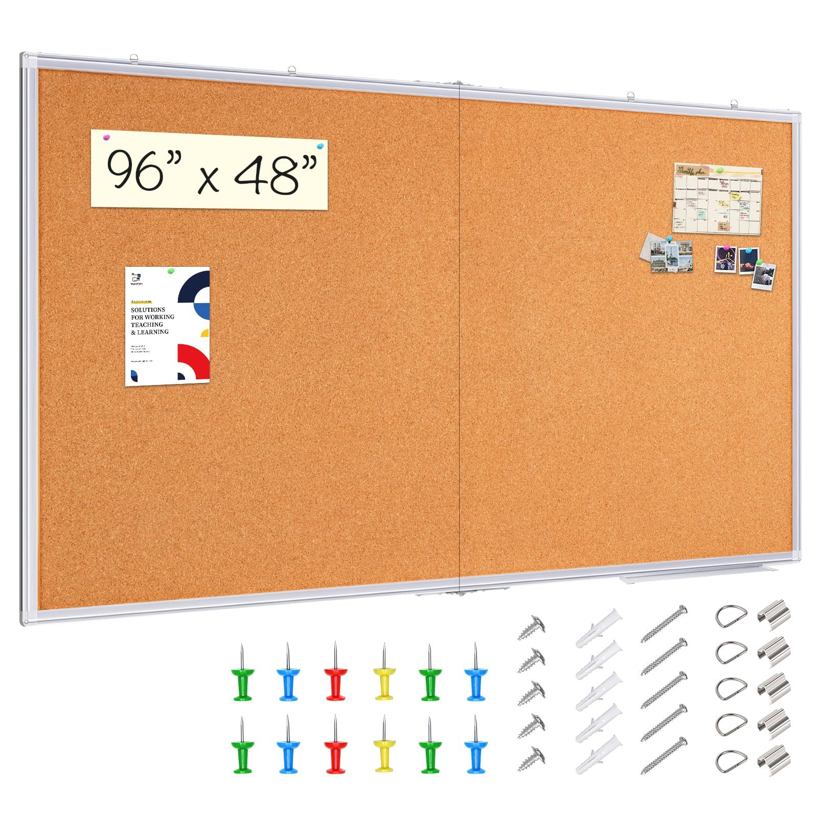 Maxtek  Large 96-in W x 48-in H White Cork Board Wall Mounted Bulletin Board with Aluminum Frame Foldable Pin Memo Notice Board