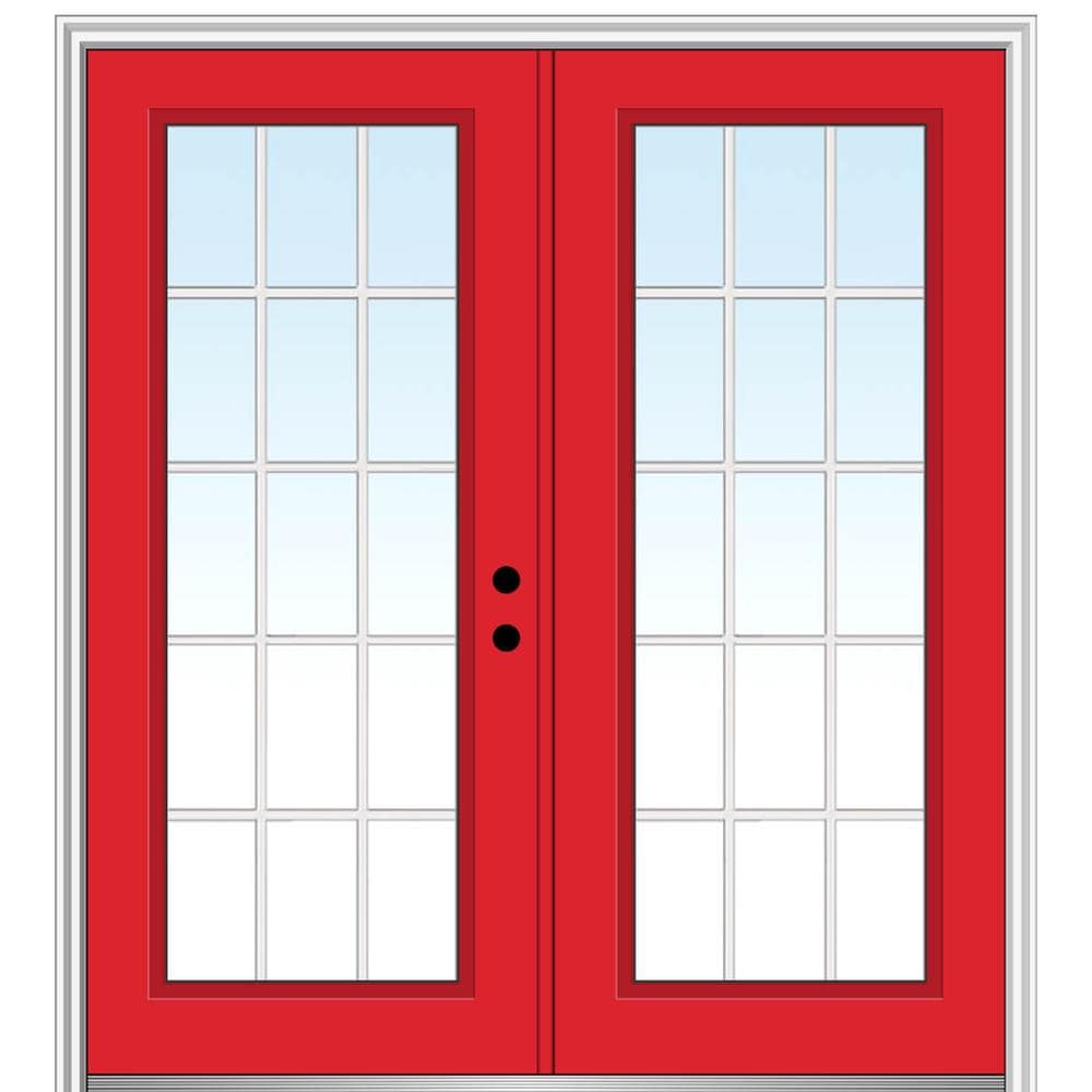 MMI DOOR ZZ23505L 72-in x 80-in x 4-9/16-in Fiberglass Full lite Left-hand inswing Red Saffron Painted Prehung Double Front Door with Brickmould Insulating core with Grilles
