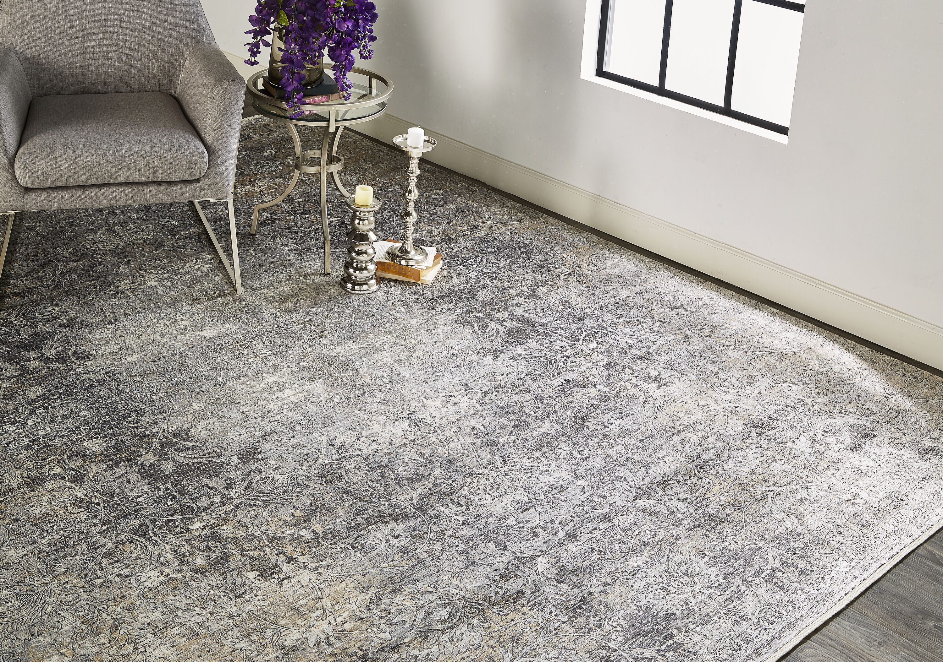 Ivory and Gray Medallion Rectangular Viscose Area Rug, 5' x 7'