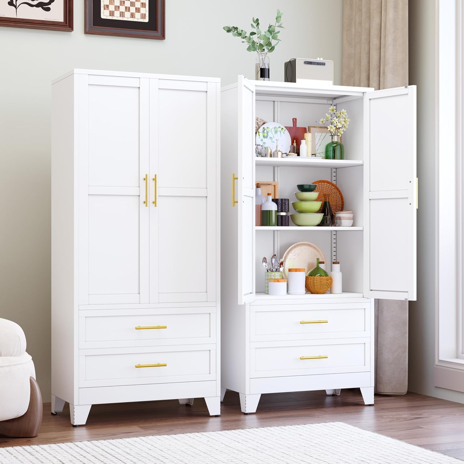 GAIOUS 71 in Tall Freestanding Steel Storage Cabinet with 2 Doors 2 Adjustable Shelves and 2 Drawers for Kitchen Office or Living Room