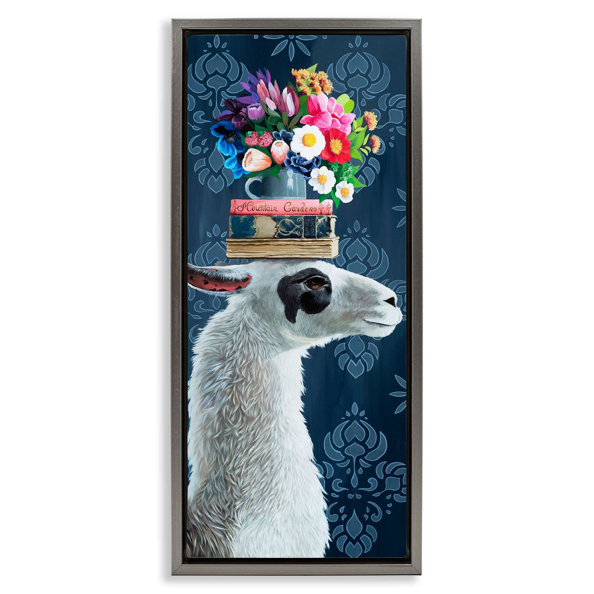 Stupell Industries BT-008-FFL-13X30 Llama with Book and Flower Arrangement Floating Frame design by Heather Gauthier