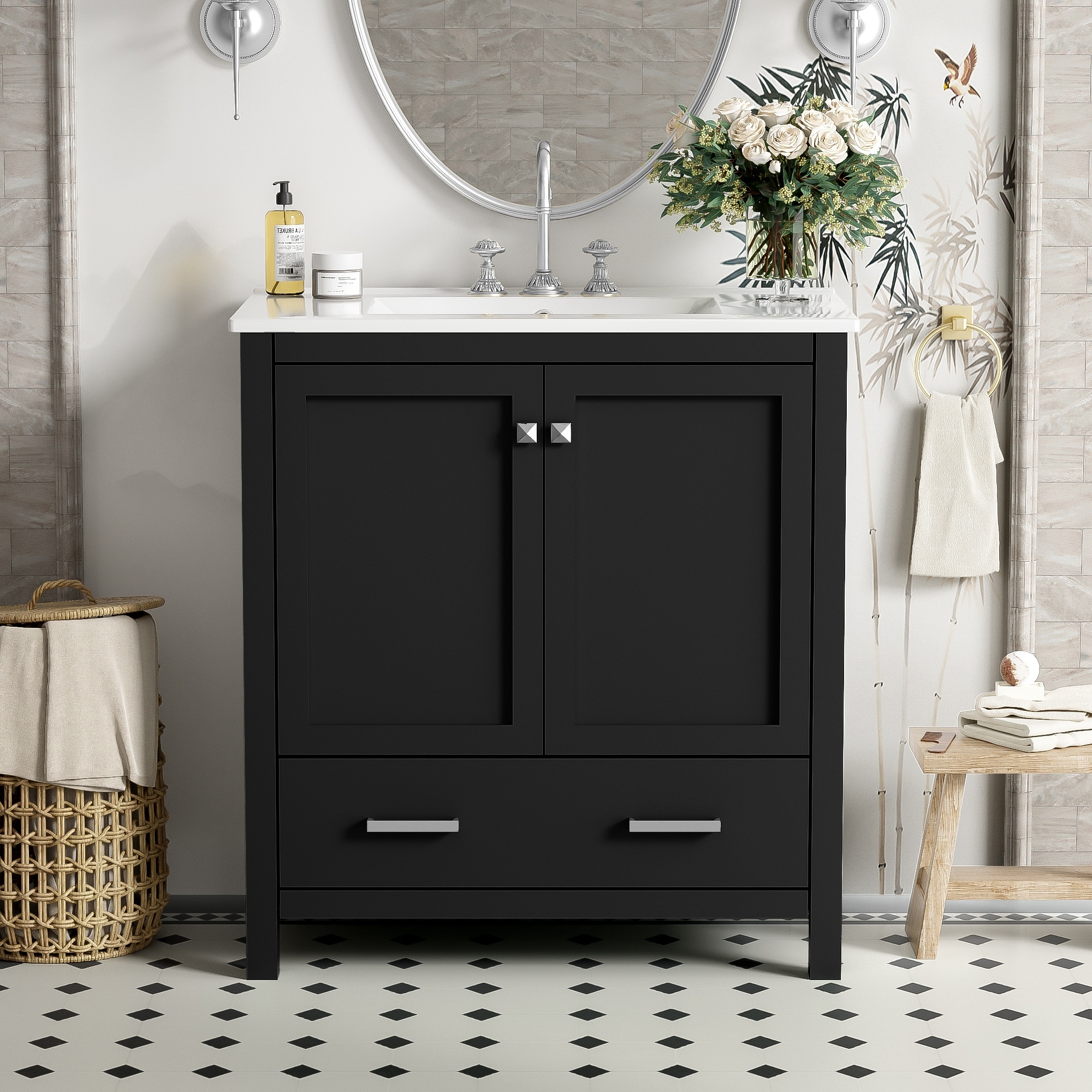 BEARSOLIM 30-Inch Bathroom Vanity with Single Sink Combo Cabinet Undermount Sink Bathroom Storage Cabinet with 2 Doors and a Drawer Soft Closing Solid Wood Frame