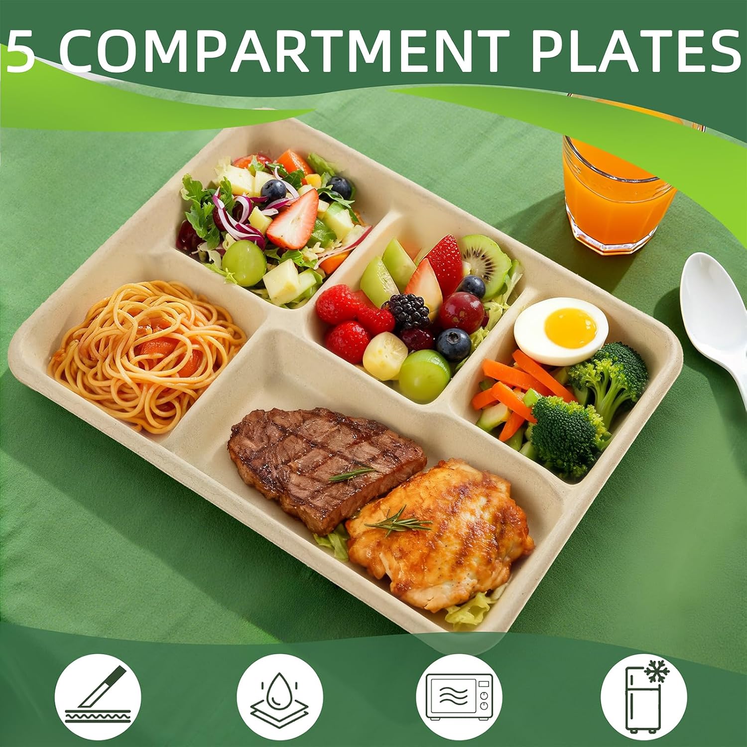 Wellife Compostable 5 Compartment Paper Plates 100 Pack Disposable