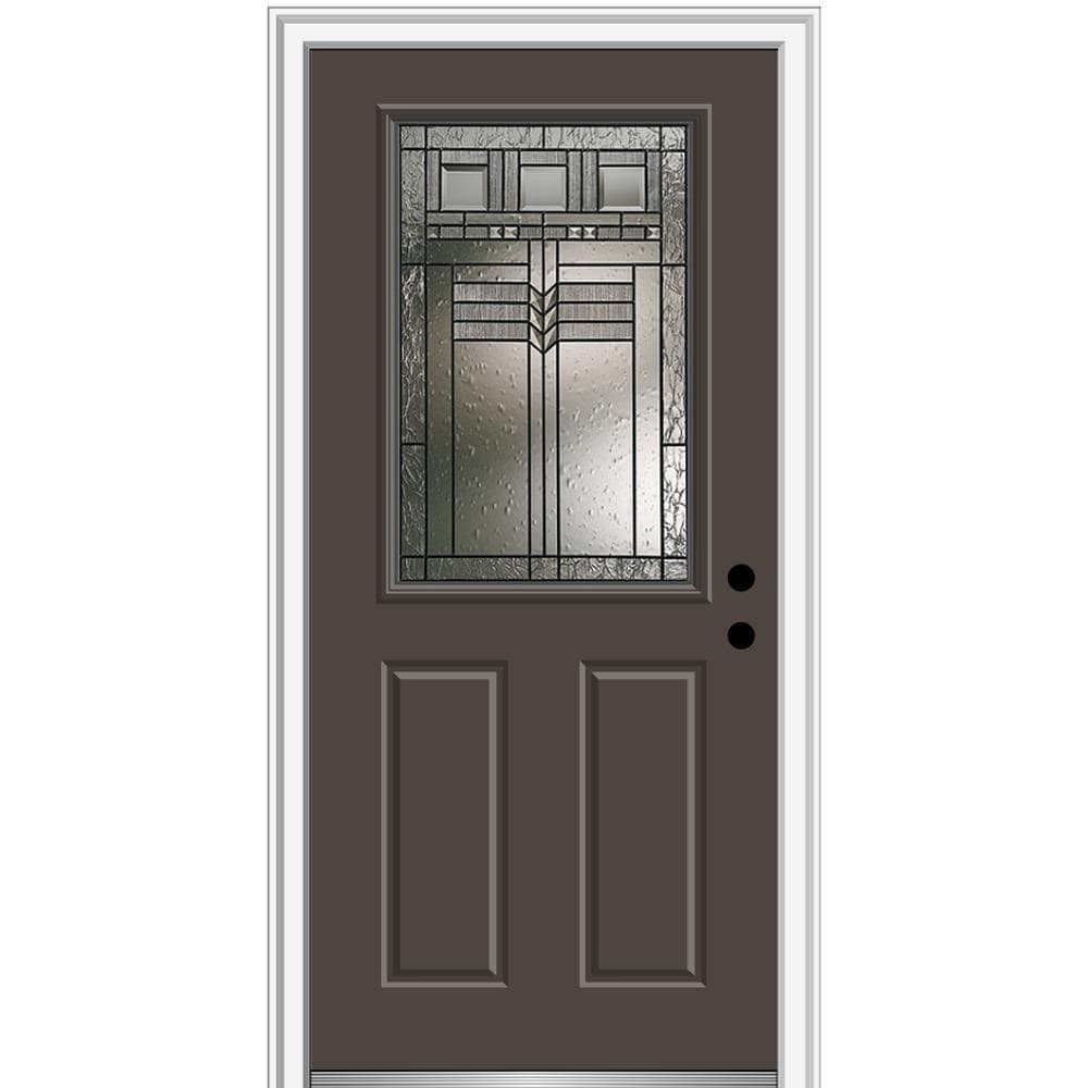 MMI DOOR ZZ3664459L 36-in x 80-in x 6-9/16-in Fiberglass Half lite Left-hand inswing Brown Painted Prehung Front Door with Brickmould Insulating core