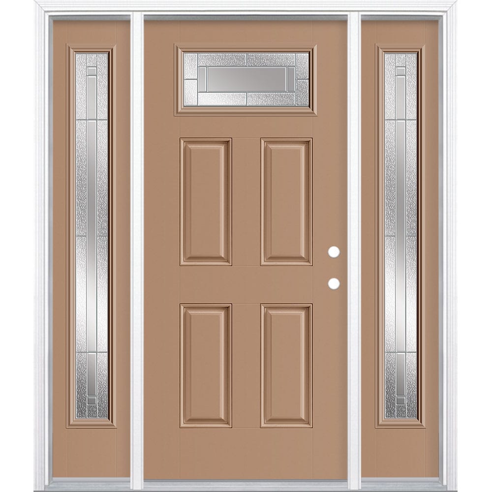 Masonite 3420047 Focus 64-in x 80-in x 4-9/16-in Fiberglass 1/4 lite Left-hand inswing Warm Wheat Painted Prehung Front Door with Sidelights with Brickmould Insulating core