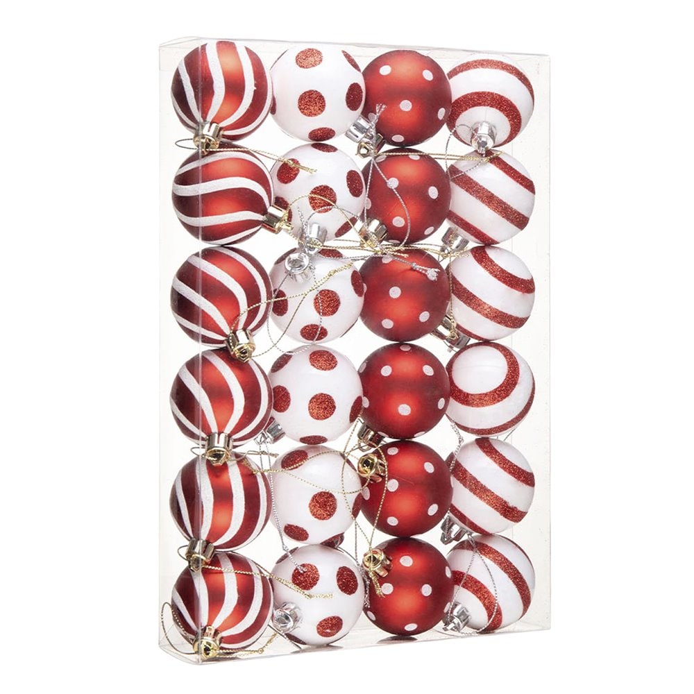 OrnamentallyYou B167 Polka Dot and Candycane Color Style Ornament Bundle Set of 24 Red and White Patterned Christmas