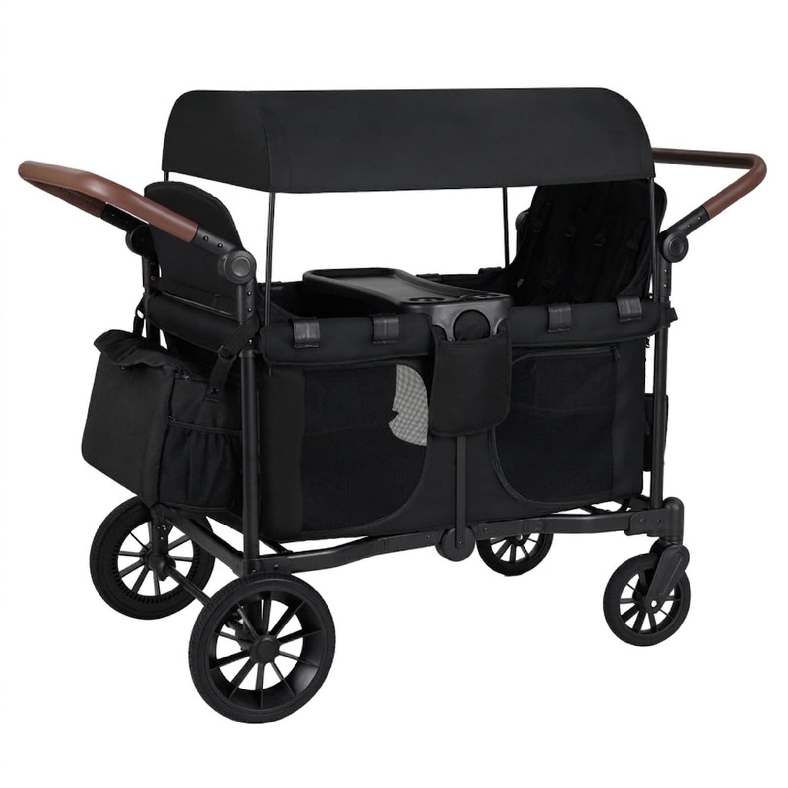 SUGIFT 4-Seater Wagon Stroller for Kids with Removable Canopy Mesh Sides 5-Point Harnesses Snack Tray Cup Holders 6-Position Adjustable Handles One-Step Brake 35-lb Per Seat Capacity Foldable Black Push-Pull Quad Toddler Wagon for 6 to 36 Months