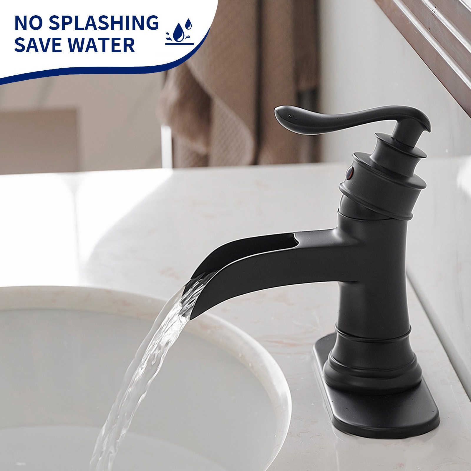 Matte Black Single-Handle Waterfall Bathroom Faucet with Deck Plate