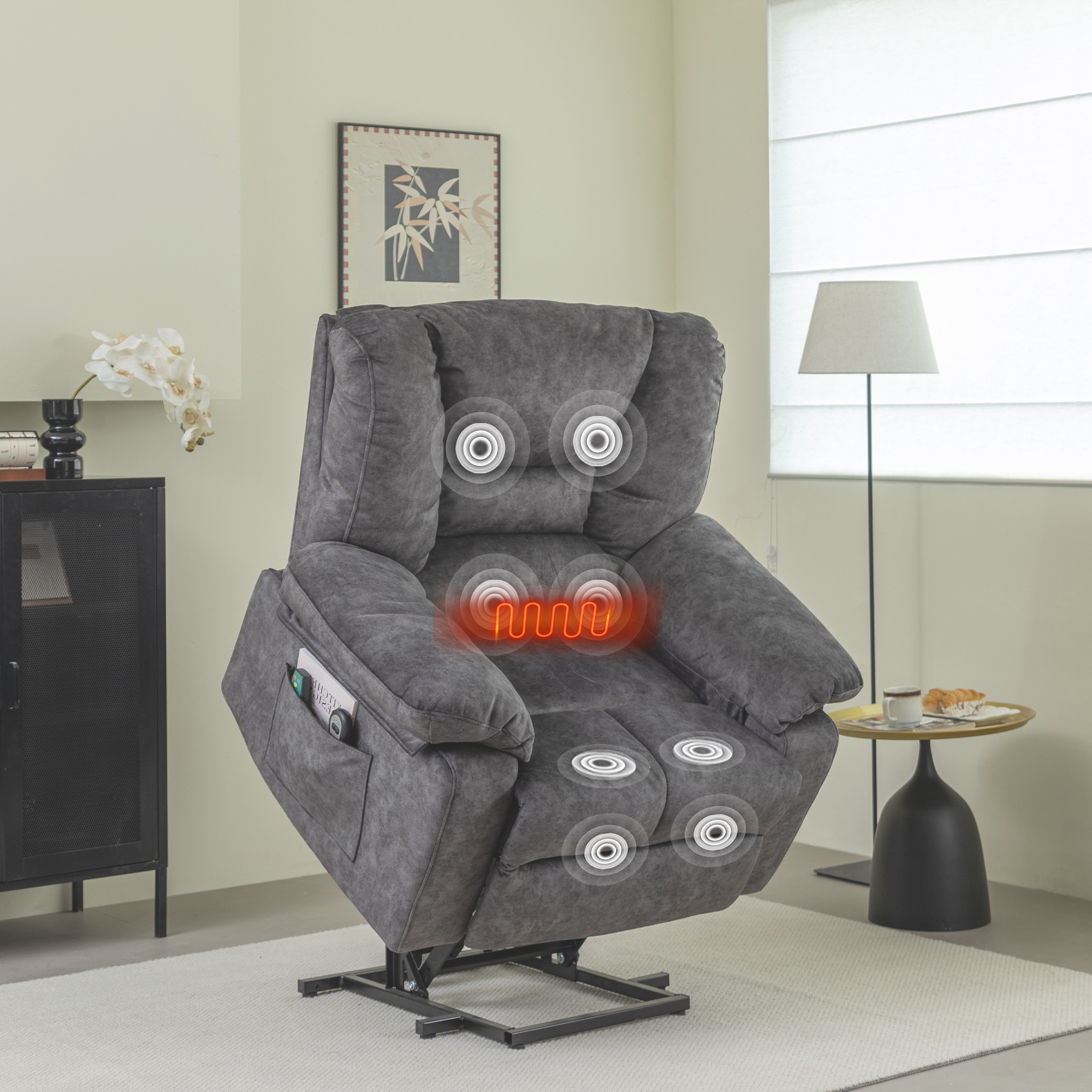 WELLFOR CAN-HR309 Power Electric Recliners Lift Chair Gray Velvet Upholstered Tufted Powered Reclining Recliner with Lift Assistance
