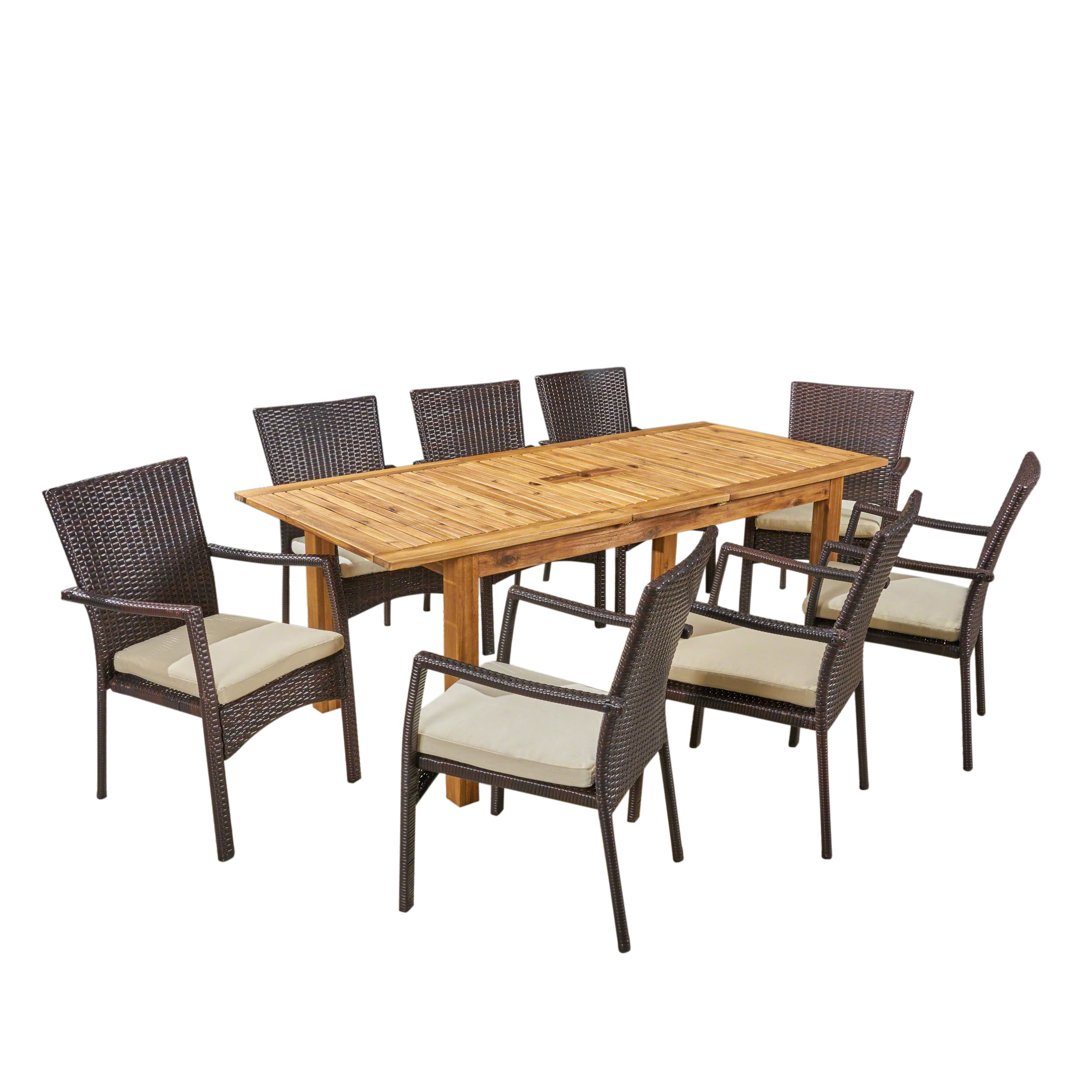 Best Selling Home Decor 305450 Selen 9 -Piece Brown Rattan Patio Dining Set Extendable Table Wood Rectangle Table with 8 Off-white Cushions Stationary Chairs