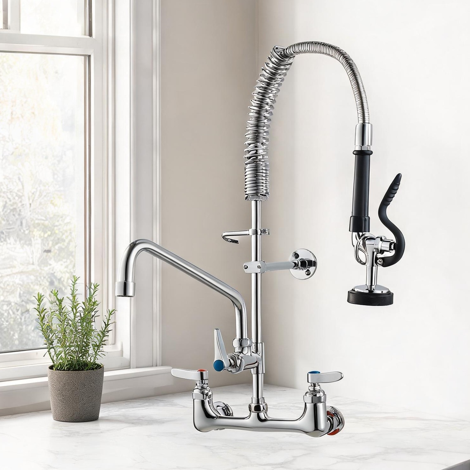 SunJet Bathroom Faucet - Classic Silver Brass Wall-Mount Pre-Rinse Kitchen Faucet with Pull-Down Sprayer for Commercial Sinks