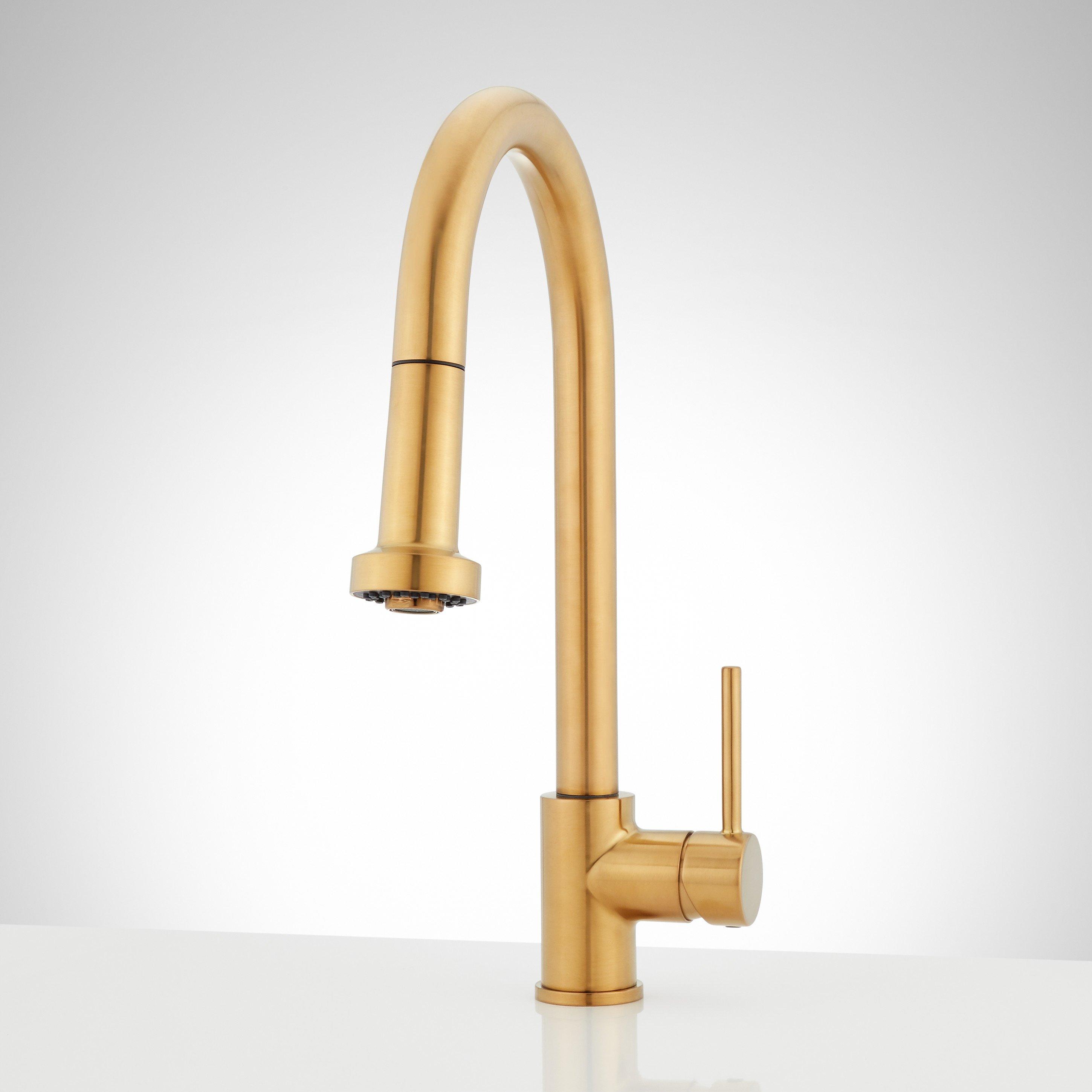 Signature Hardware 465185 Brushed Gold Single Handle Deck-mount Pull-out Kitchen Faucet with Sprayer (Soap Dispenser Included)