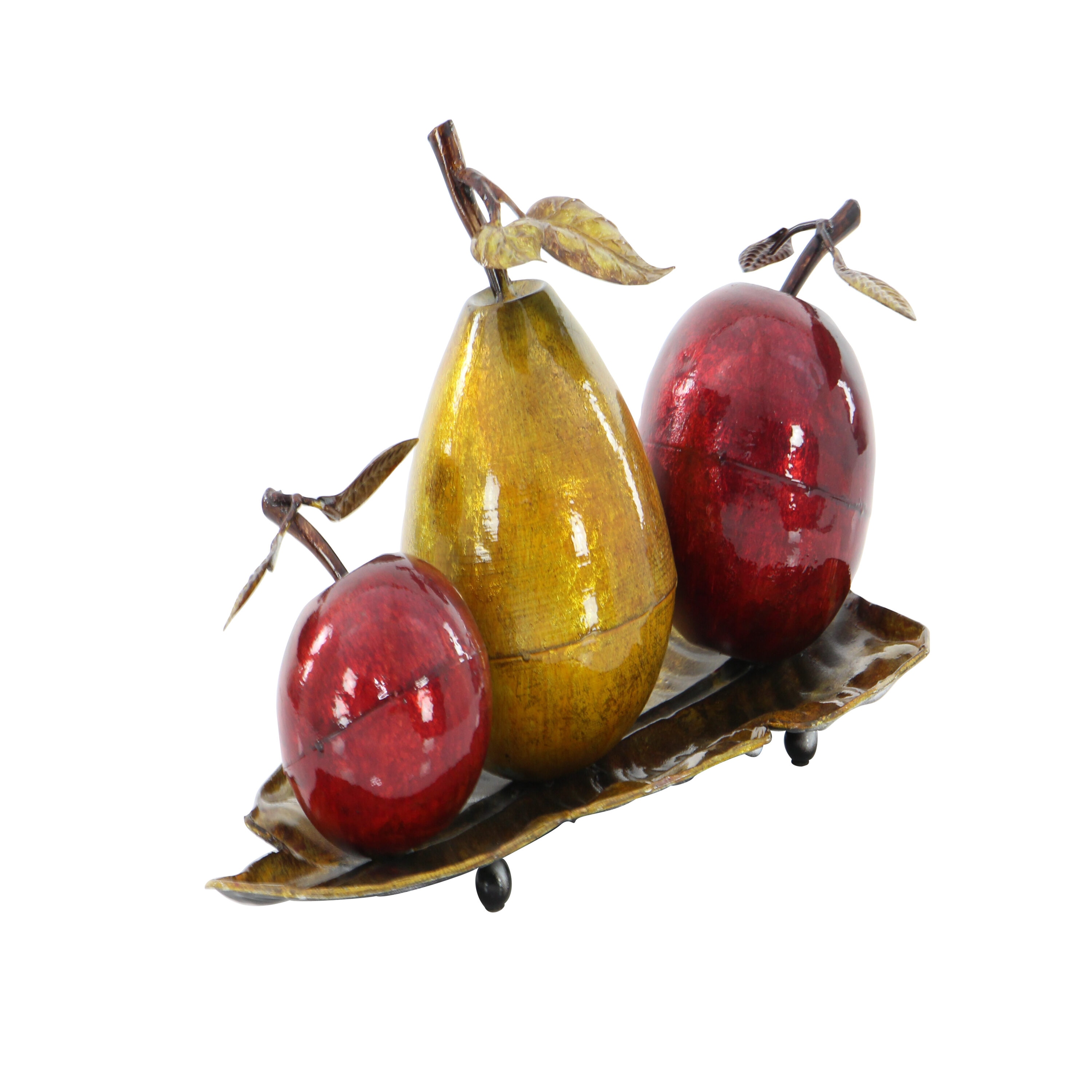 Glossy Red Apple and Yellow Pear Metal Sculpture on Leaf Tray