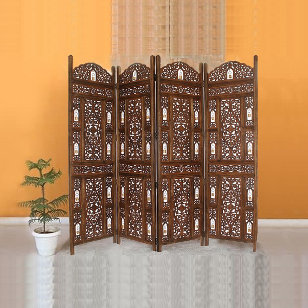 Benzara 4-Panel Brown Wood Folding Traditional Style Room Divider At ...