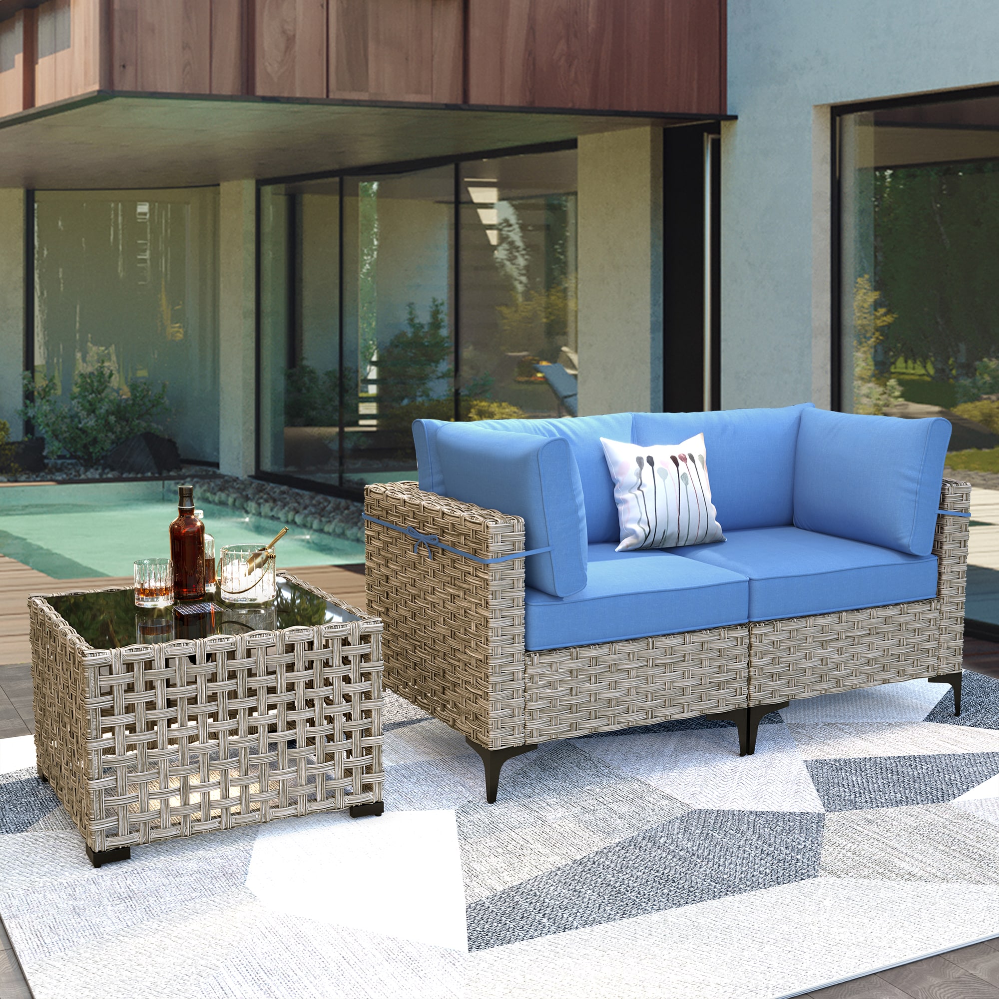 Ovios SK500-1 Wicker Outdoor Loveseat with Blue Cushions and Iron Frame