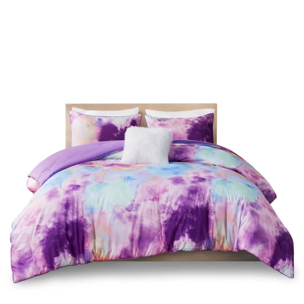 Vynxaria LESX0863-DJTZ-CS027 4 Piece King Cal King Watercolor Tie Dye Printed Comforter Set with Throw Pillow