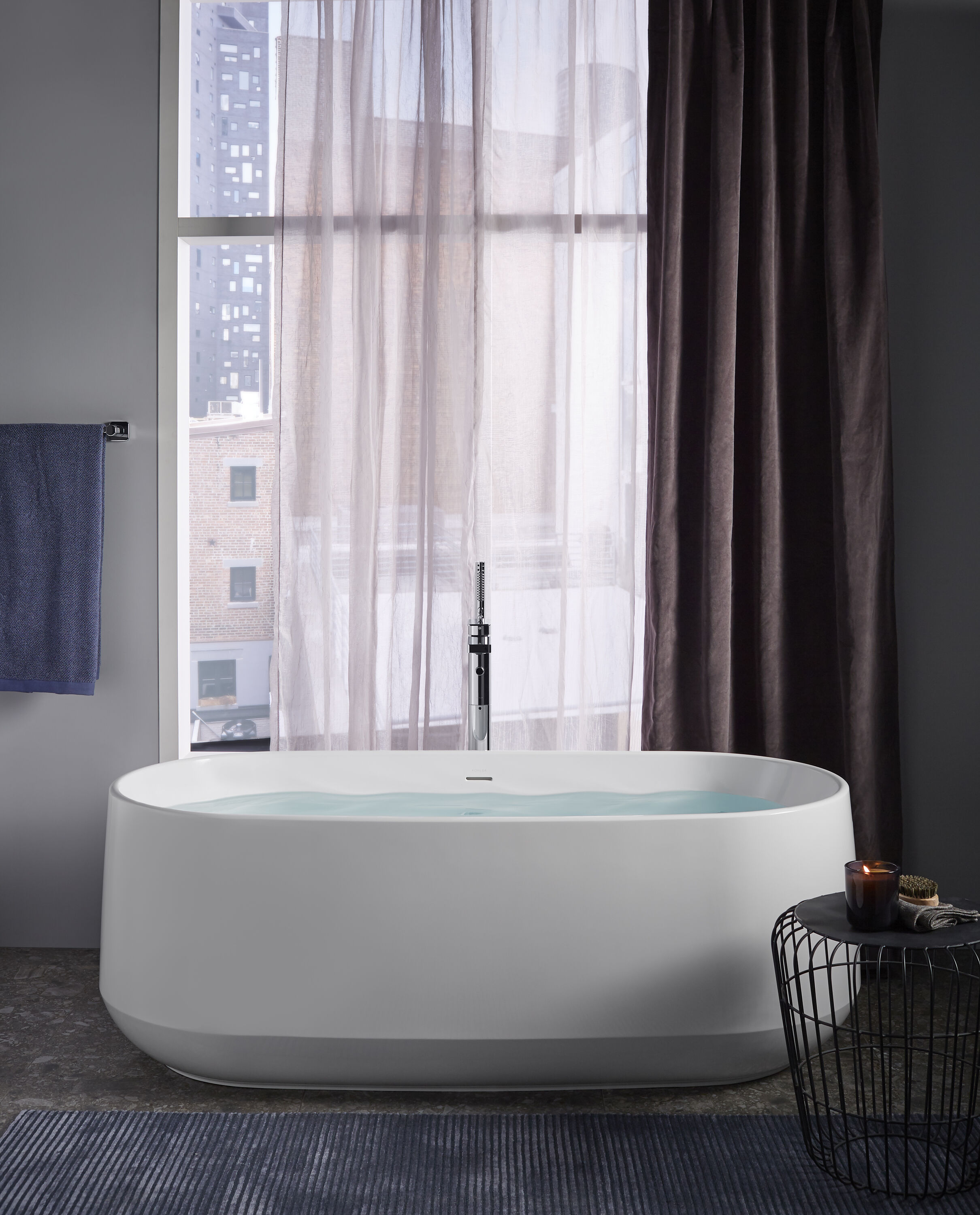 Polished Chrome Floor-Mount Bath Filler with Handshower