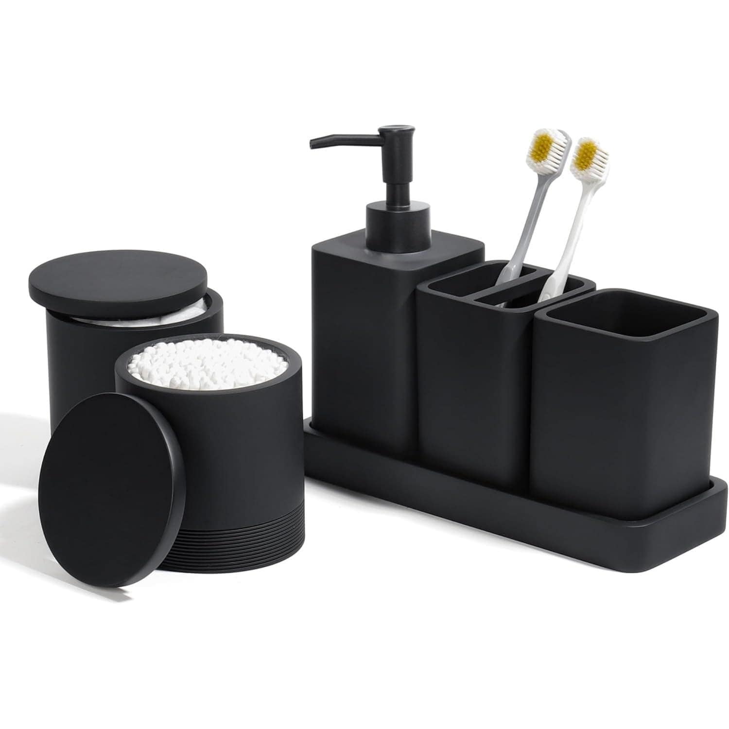 Angel Sar 6-Piece Matte Black Bathroom Accessory Set with Soap Dispenser Toothbrush Holder Vanity Tray Tumbler 2 Jars for Bathroom