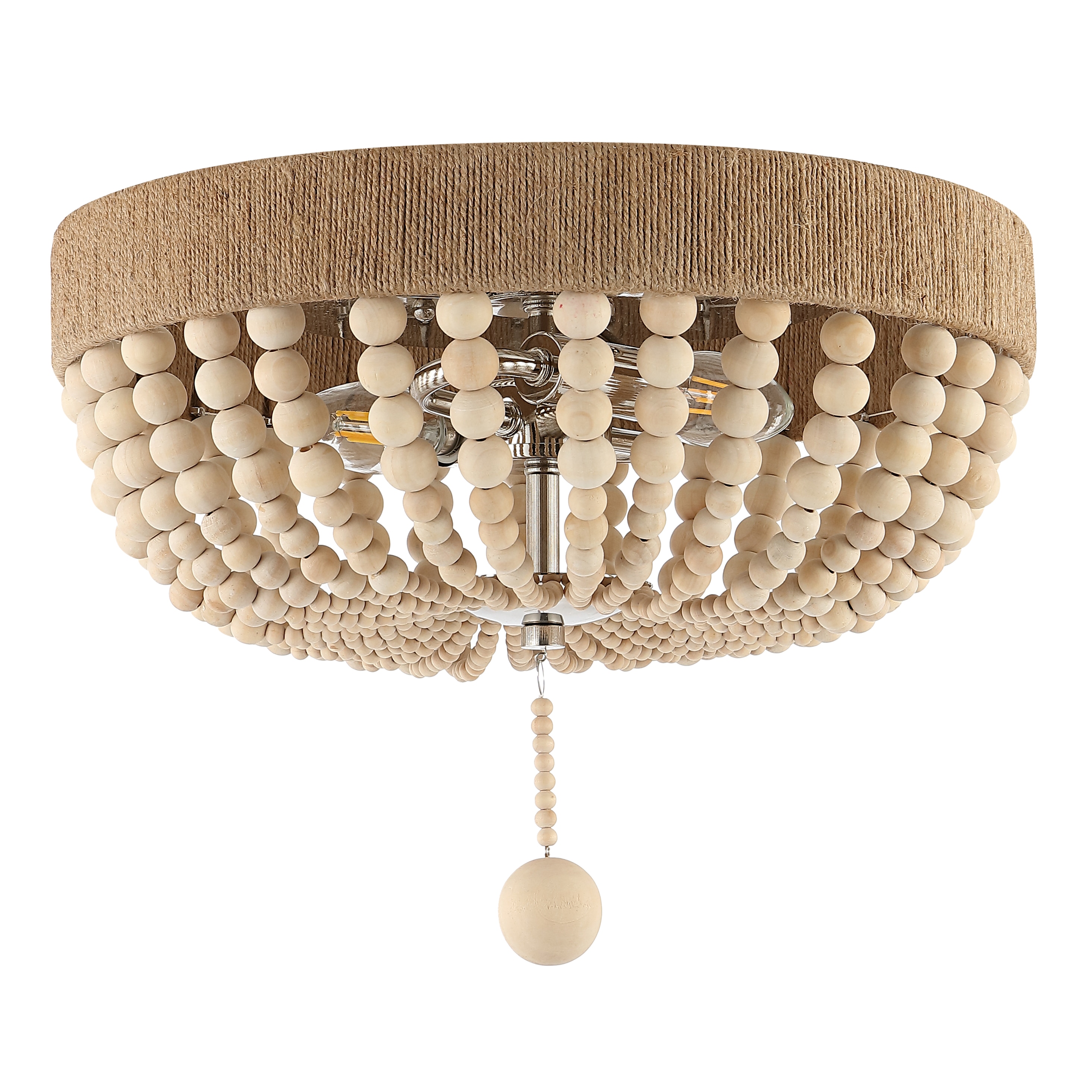 Rustic Farmhouse 14" Chrome Drum LED Flush Mount with Wood Bead Shade