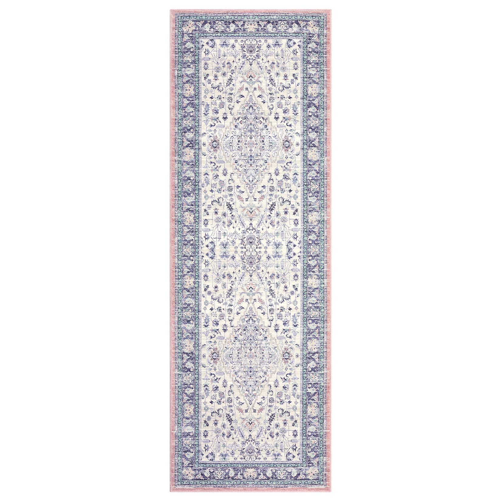 WhizMax SUNNY-PHK-33SG7DFM 2 x 6 ft Polyester Light Purple Rectangular Hallway Entryway Bathroom Kitchen Floral Print Vintage Machine Washable Runner Rug