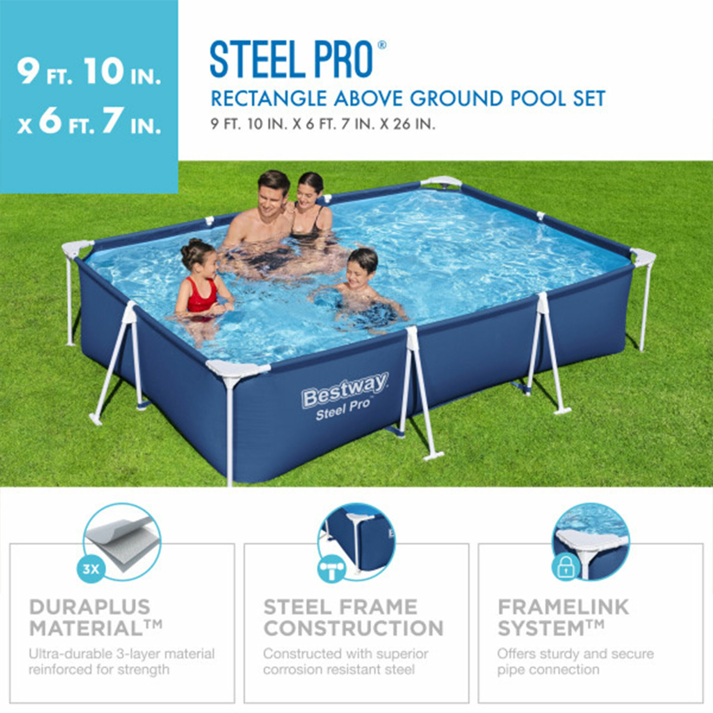 Bestway Steel Pro 9ft Blue Rectangular Above Ground Pool Set with Pump