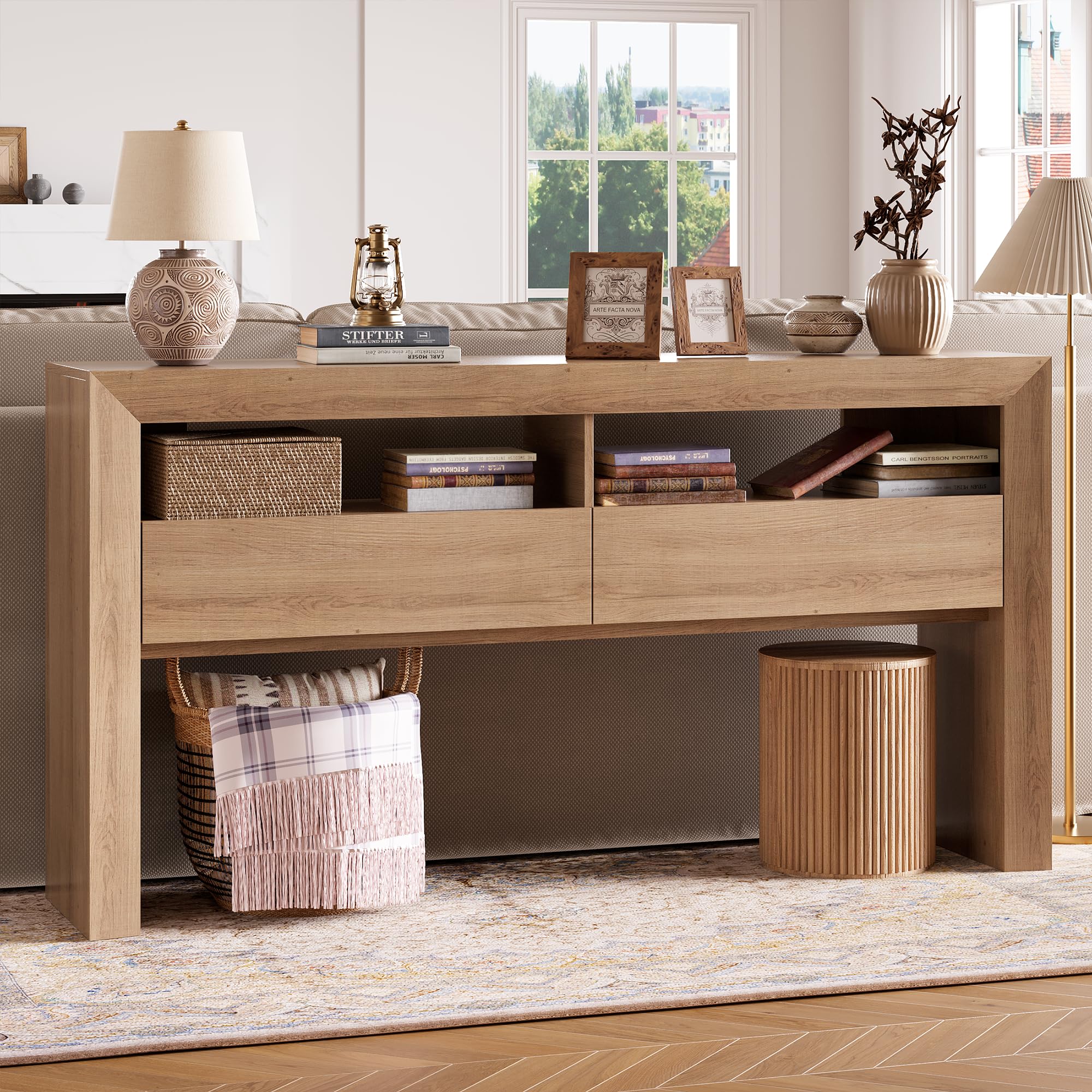 IdealHouse 63-Inch Farmhouse Style Console Table with 2 Drawers and Open Shelves - Narrow Sofa Table for Entryway Living Room Hallway and Foyer - Wooden Accent Furniture - Oak