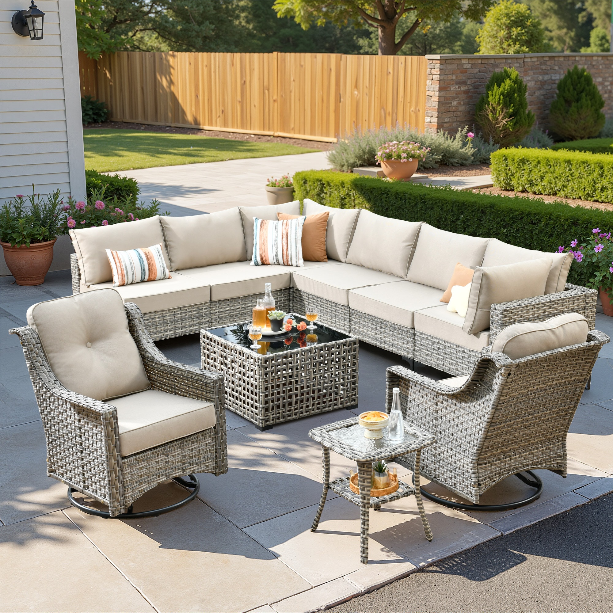 ALTRIGUS 6L-YZSKT610-AL 10 -Piece Wicker Patio Sofa Conversation Set with Beige Cushions