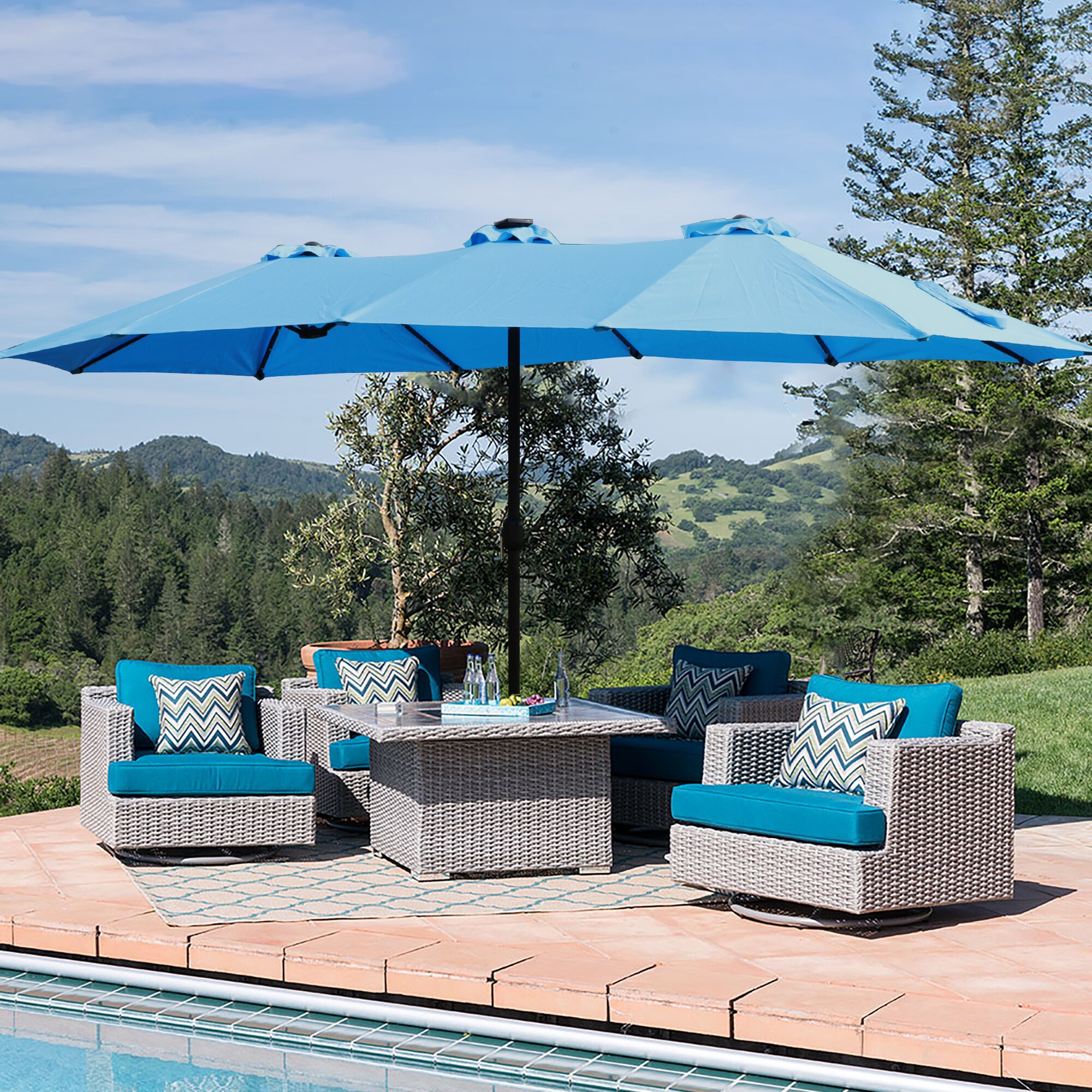 blue grey patio umbrella AHIOU HOME 15-ft Steel Blue No-tilt Garden Patio Umbrella with Lights and with Base one_size