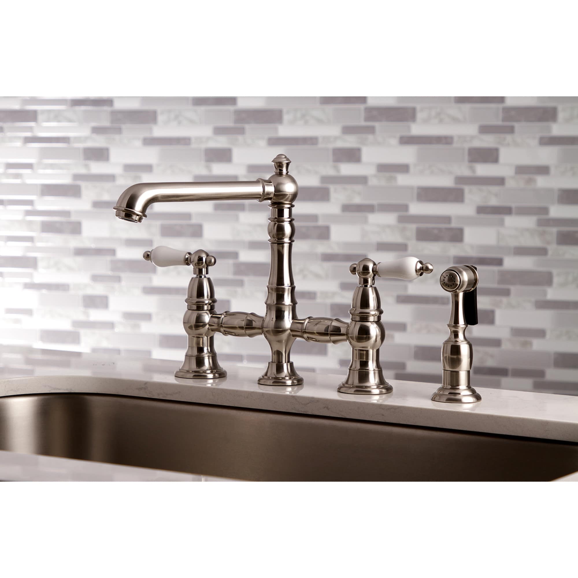 Kingston Brass WLKS7278PLBS English Country Brushed nickel Double Handle Deck-mount Bridge Kitchen Faucet with Sprayer ( Side Sprayer Included )