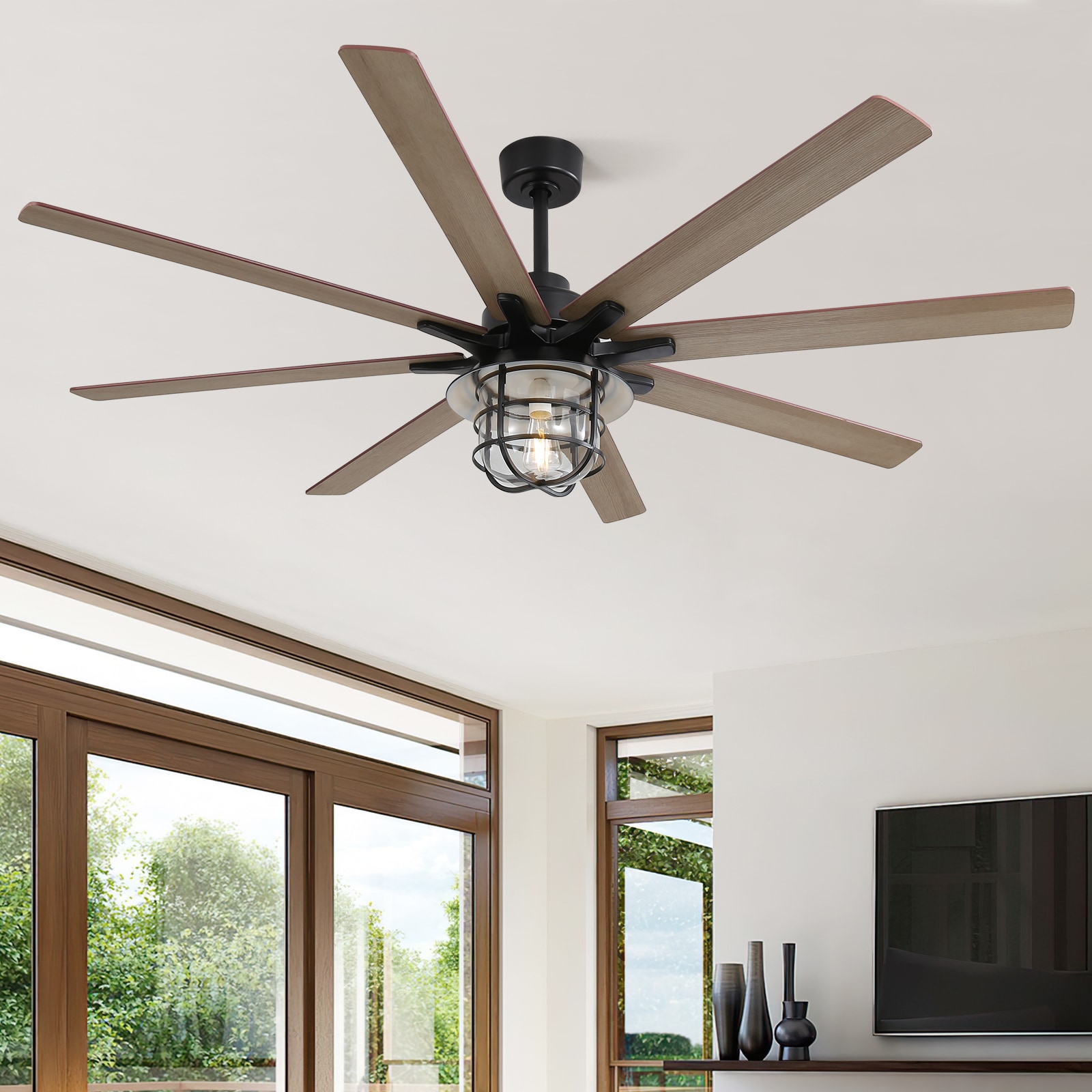 Sunrinx 66-in Brown with Brown Blades Ceiling Fan With Light and Remote Control Included 8 -Blade